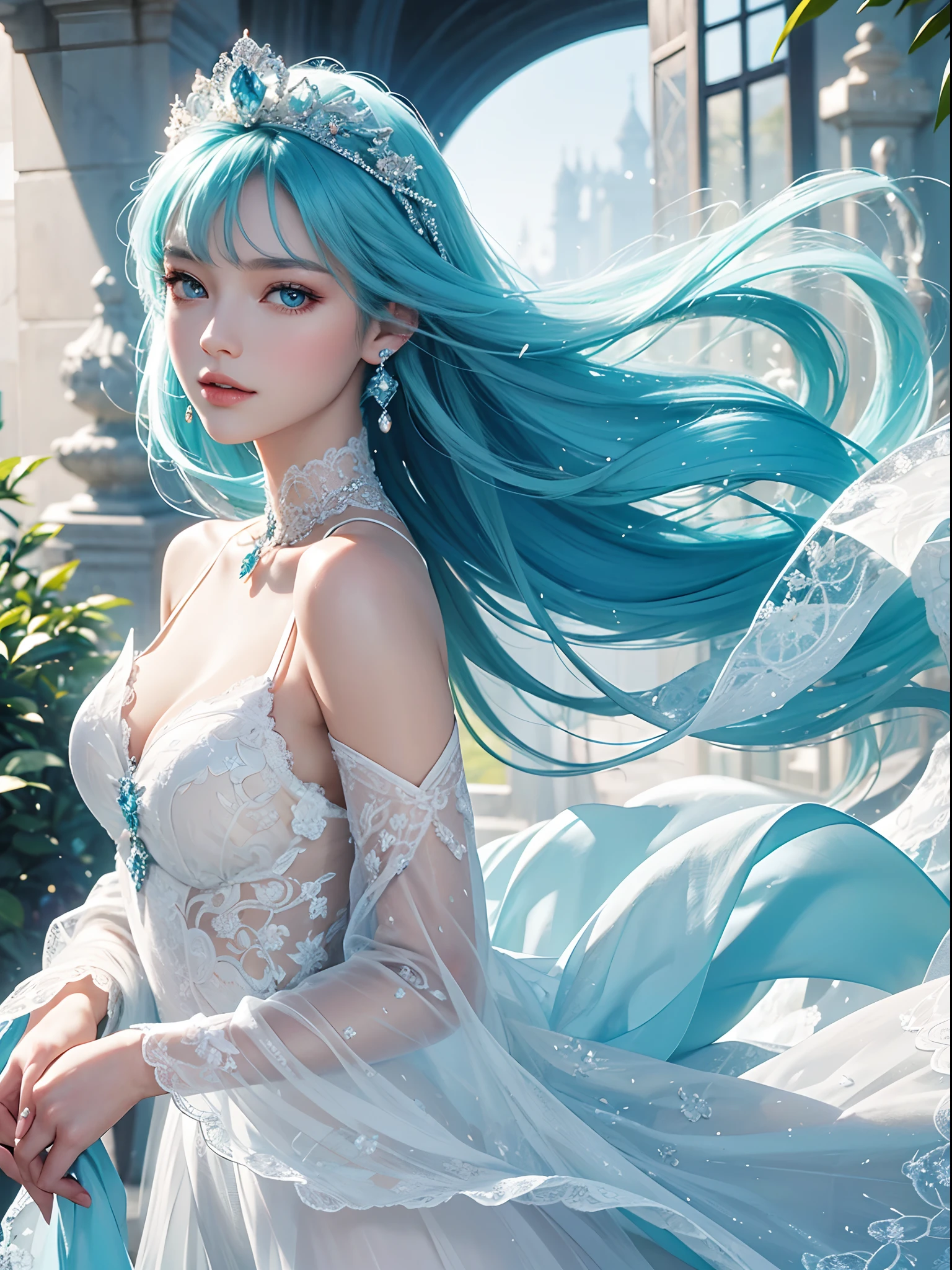 tmasterpiece，Best picture quality，HD 8K wallpaper，Beautiful picture，Elegant single woman，Round dress，Shiny eyes，Detail at its best，An exquisite masterpiece，Pure beauty and lightness，Moderately aesthetic，Gentle and elegant，Attention to detail，Cyan white lace round princess dress，Immortal