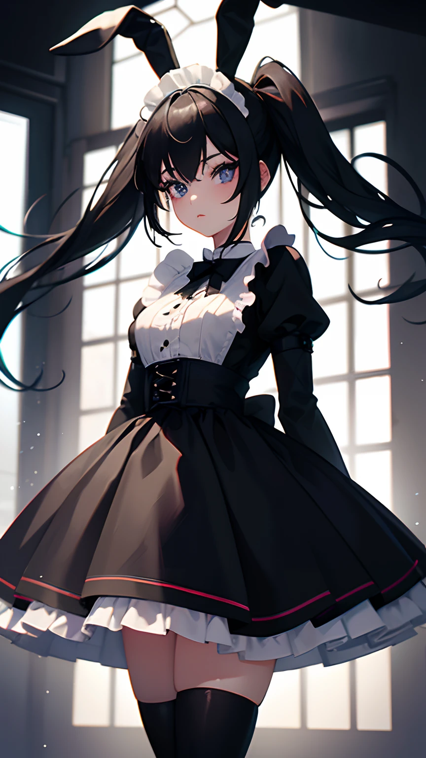 A girl with black bunny ears and black pigtail hair wearing a maid headband, dressed in a black dress, standing against a Halloween background. The girl has beautiful detailed eyes and lips, with long eyelashes. The image quality is of the best quality, 4k or 8k resolution, and it is ultra-detailed and realistic. The colors in the image are vivid, and the lighting is done in a studio setting.