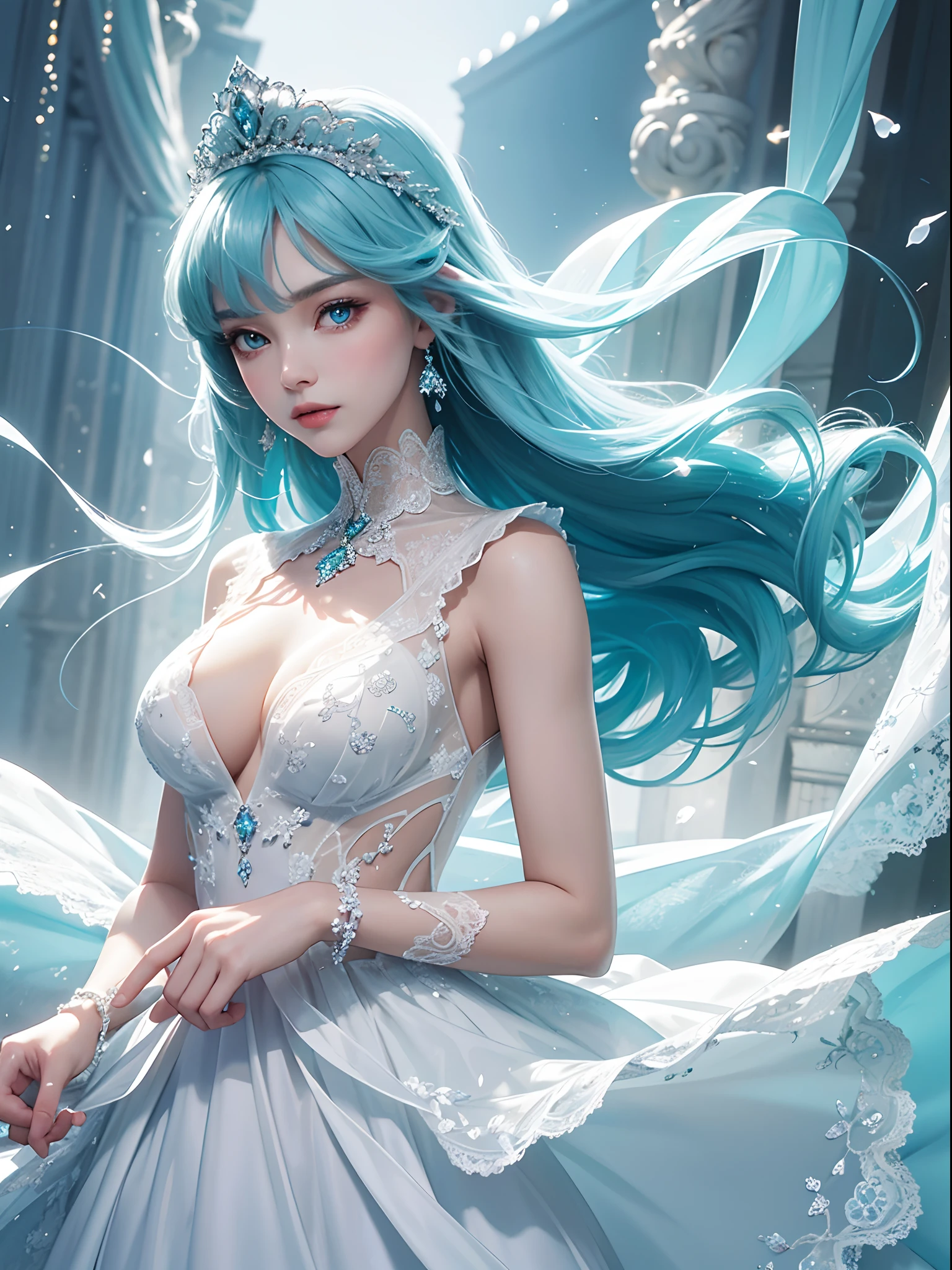 tmasterpiece，Best picture quality，HD 8K wallpaper，Beautiful picture，Elegant single woman，Round dress，Shiny eyes，Detail at its best，An exquisite masterpiece，Pure beauty and lightness，Moderately aesthetic，Gentle and elegant，Attention to detail，Cyan white lace round princess dress，Immortal