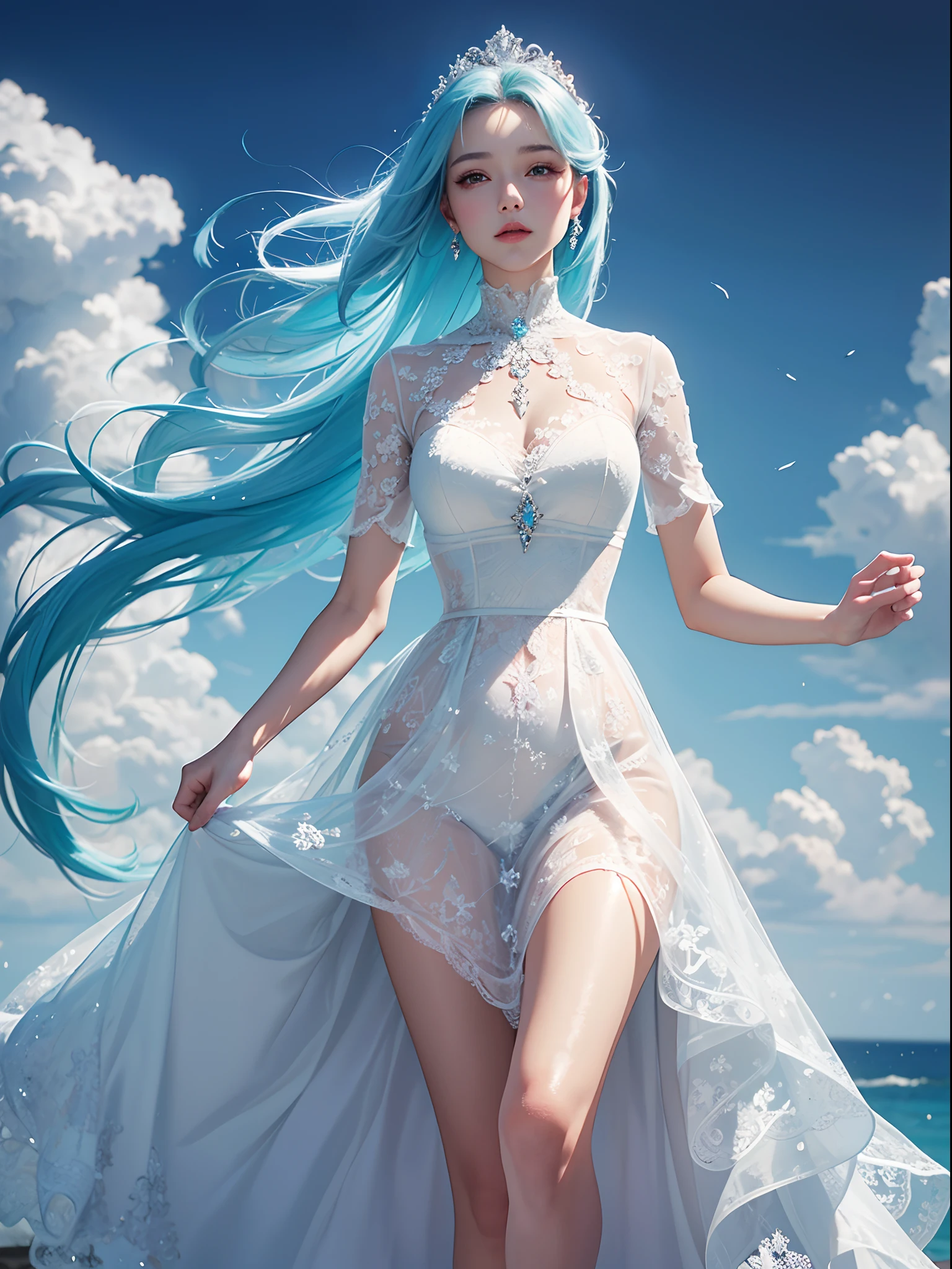 tmasterpiece，Best picture quality，HD 8K wallpaper，Beautiful picture，Elegant single woman，Round dress，Shiny eyes，Detail at its best，An exquisite masterpiece，Pure beauty and lightness，Moderately aesthetic，Gentle and elegant，Attention to detail，Cyan white lace round princess dress，Immortal