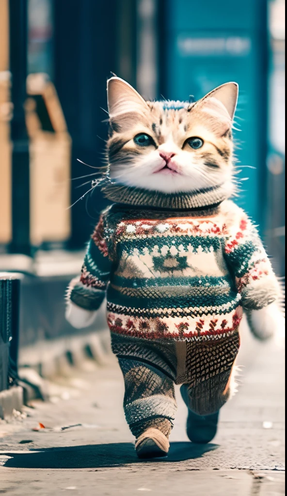 Cute cat in knitted hat standing in the city and walking,Various poses