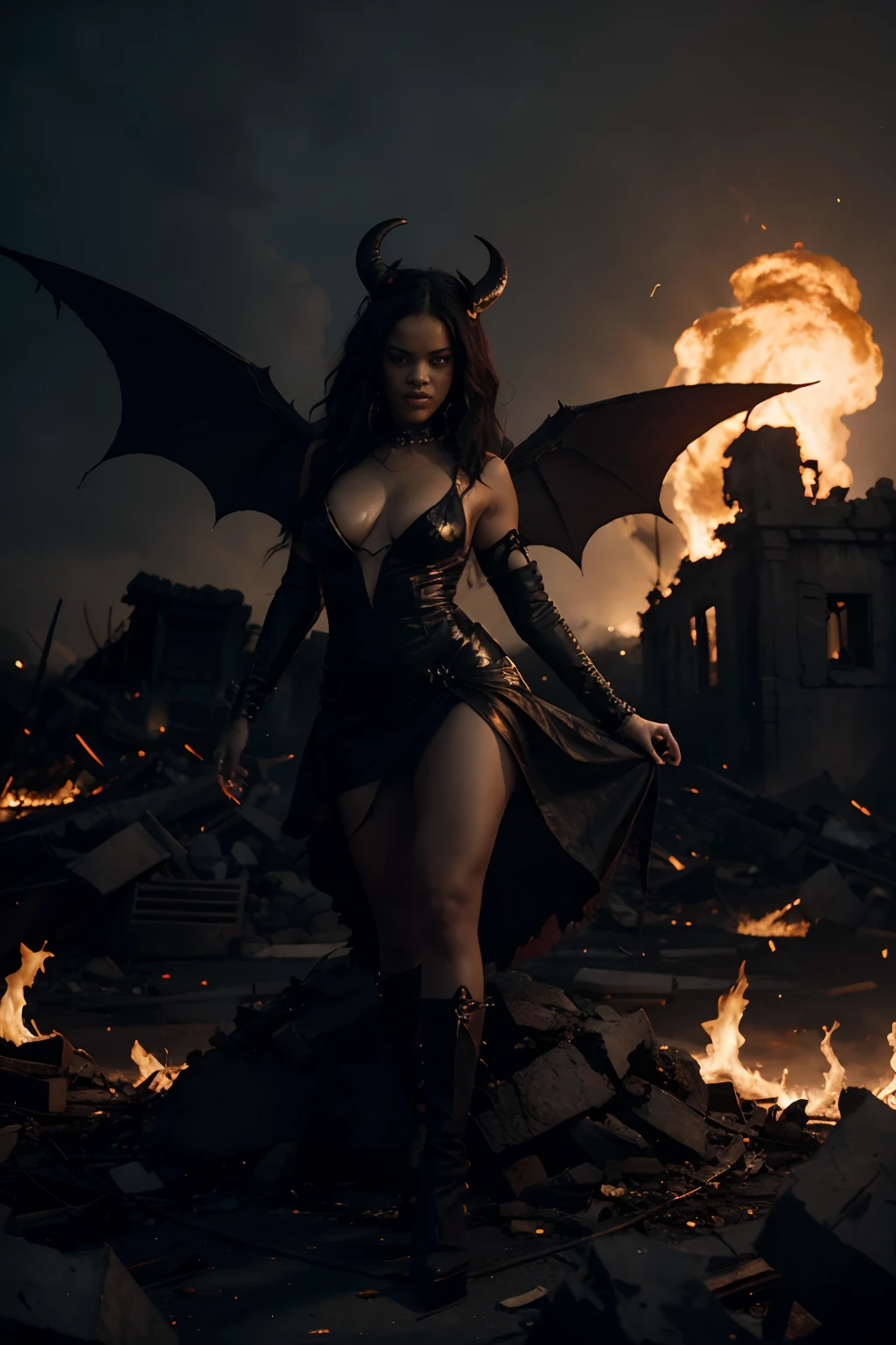 Ultra-detailed Rihanna stands atop a pile of burning ruins, Her diabolical and insidious presence radiating from her dark crown and black and red evil queen dress...................................................................................... Her demon wings on her back and demon horn give her an invincible aura as she unleashes a powerful wave of destruction with a single gesture..........................................................................................................................................................................