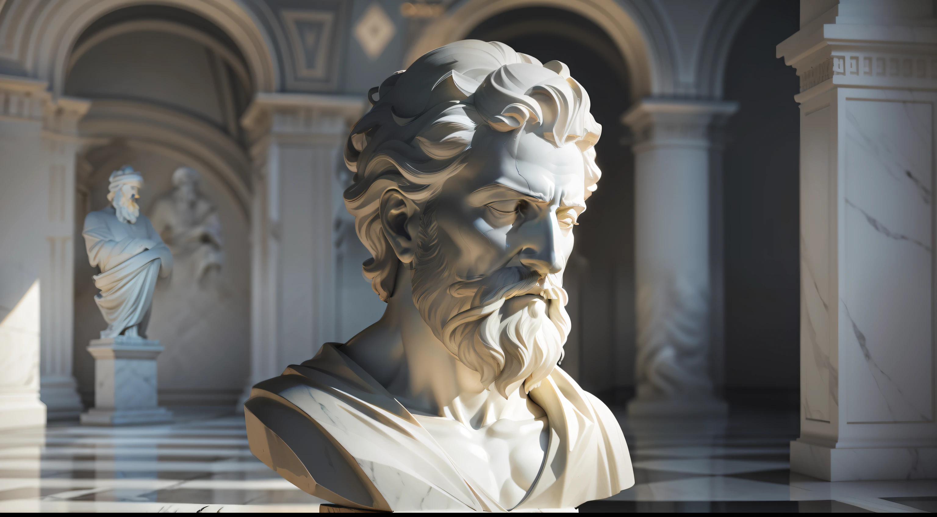 White marble statue of bust of wise man with the style of the bearded Greek philosopher in the museum. Atmosfera escura, alto contraste de luz e sombra, fotografia profissional, ultra realista, Light Volumetric, cinemactic