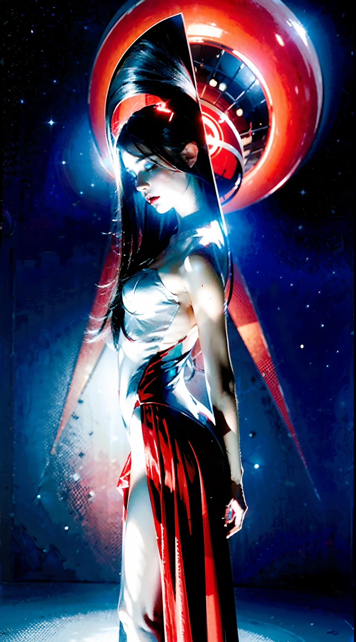 Faceless female cosmic entity,The body is made of white marble,in a red dress,Surrounded by a deep blue fog and a halo of red light clock in the background+Conceptual artwork Hugo Pratt+ MC Escher style fusion,Anime 80s aesthetic ,Ink drawing, Tumblr, Horror 80s,conceptual art, 4K digital art, Lovecraft,Dramatic Liggs, Performer model,Dark tones,melancholic art, Printed under red Bristol paper - air: 4:5