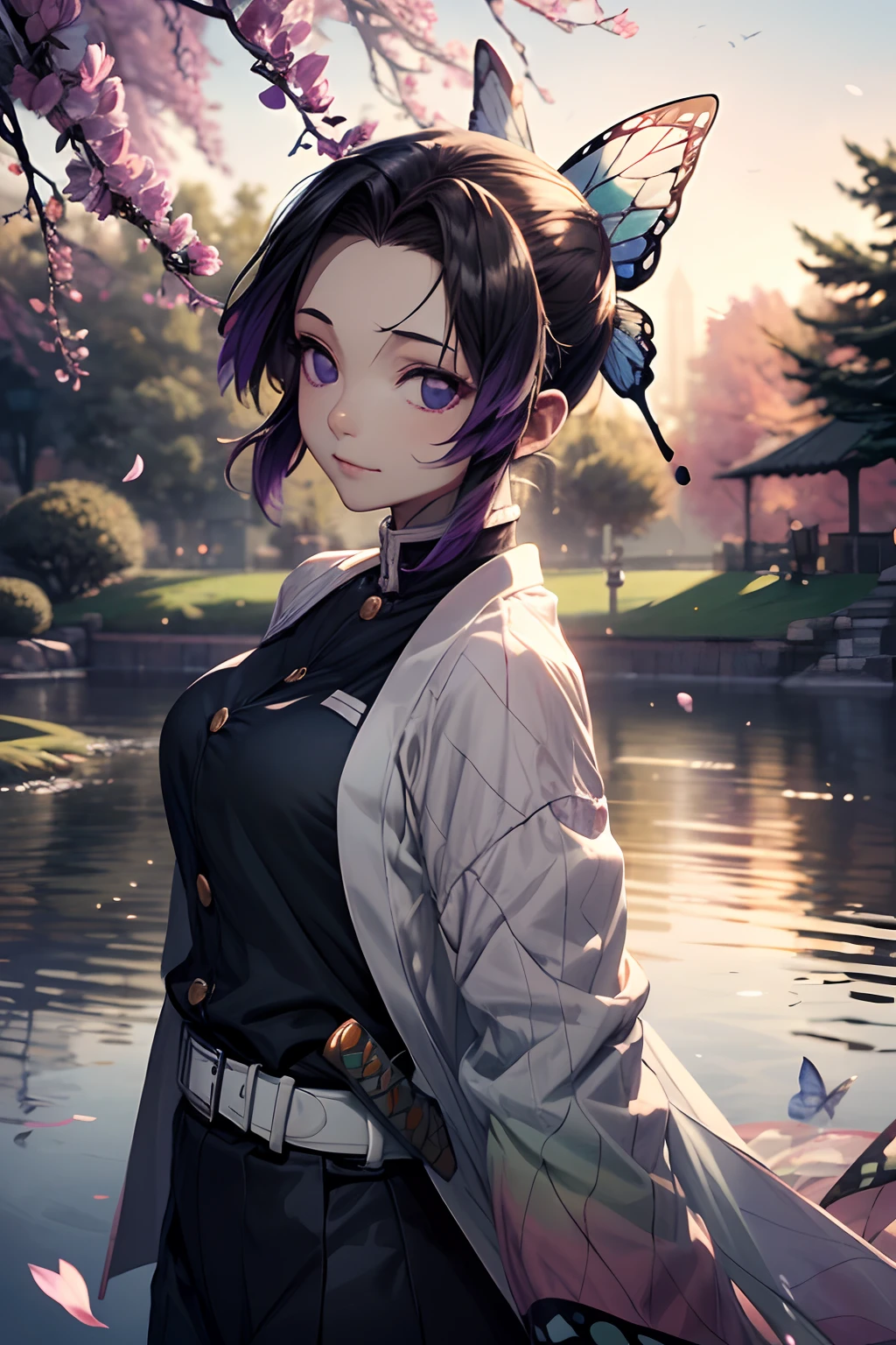 Extremely detailed and high-resolution masterpiece of Kocho Shinobu, the beautiful and deadly Demon Slayer in dynamic action. Add emphasis on the intricate details of her butterfly-themed outfit and the fierce expression on her face. Set the scene at twilight, with a serene pond and cherry blossom petals in the background. Use rich colors and volumetric light to create a sense of ethereal beauty and power.