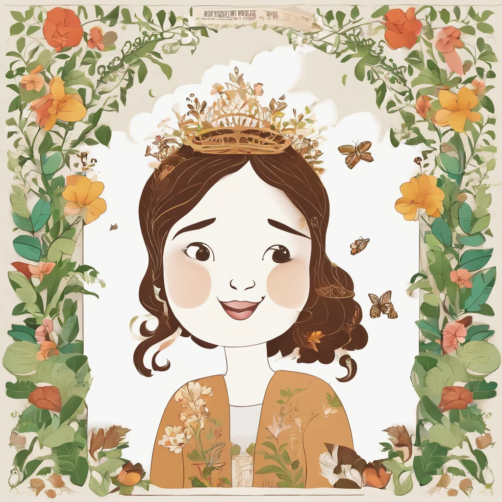 Super high quality 3D illustration, white background, a long brown hair cute and lovely girl is holding a pot of green pea plant, half body, standing in the middle is a colourful floral arch, the pot has heart label, many colourful flowers and green leaves, flying butterflies, happy and gentle smile face, princess look, wearing a diamond crown