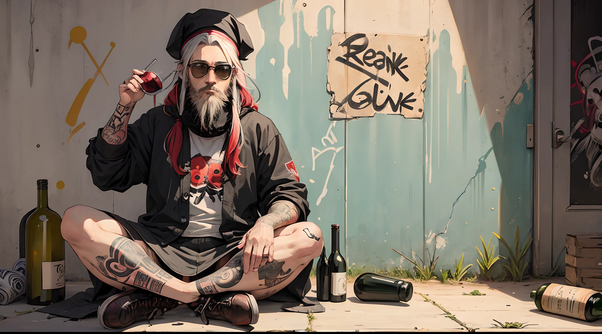 One beard man with dredlock coloured hair, sitting, graffiti wall, sunglass, tattooed, from the front