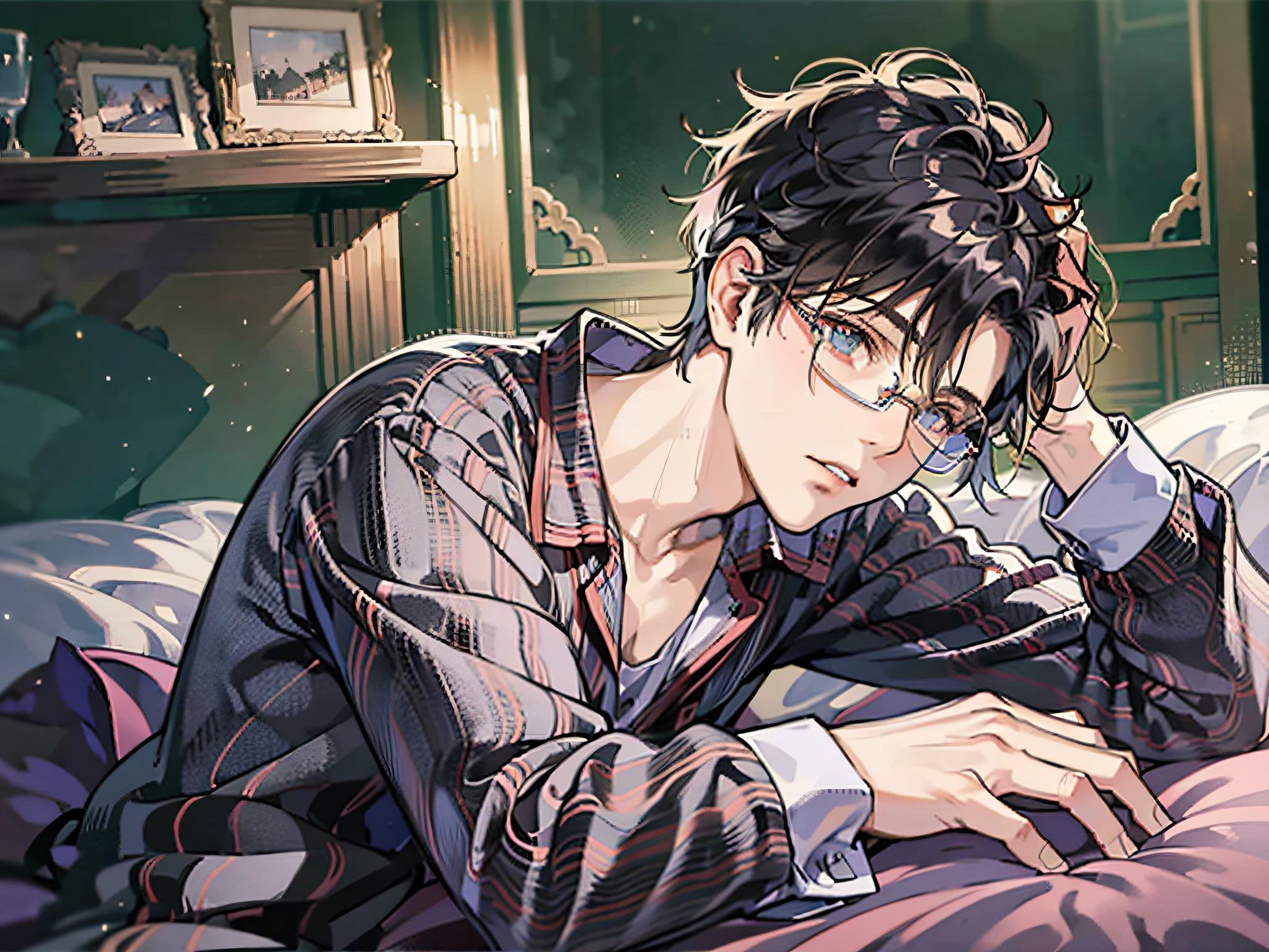 masutepiece, Best Quality, Boy in pajamas lying on bed, Solo,Hairstyle unkempt,ムラムラ,impatience, finely eye and detailed face, Dark midnight background, Dimly lit bedroom, Glasses, resting on a pillow, Head on pillow, From Side, look at viewr, full-body view,Dynamic Angle,