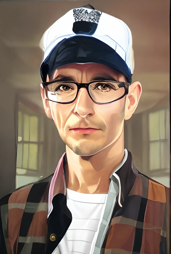 there is a man wearing a hat and glasses and a shirt, realistic portrait photo, high quality portrait, photorealistic portrait, photo realistic portrait, photo-realistic face, nerdy man character portrait, inspired by Dietmar Damerau, detailed portrait, photorealistic digital painting, man with glasses, hyperrealistic portrait, realistic portrait, portrait shot, closeup portrait shot, in the style of Peter Max