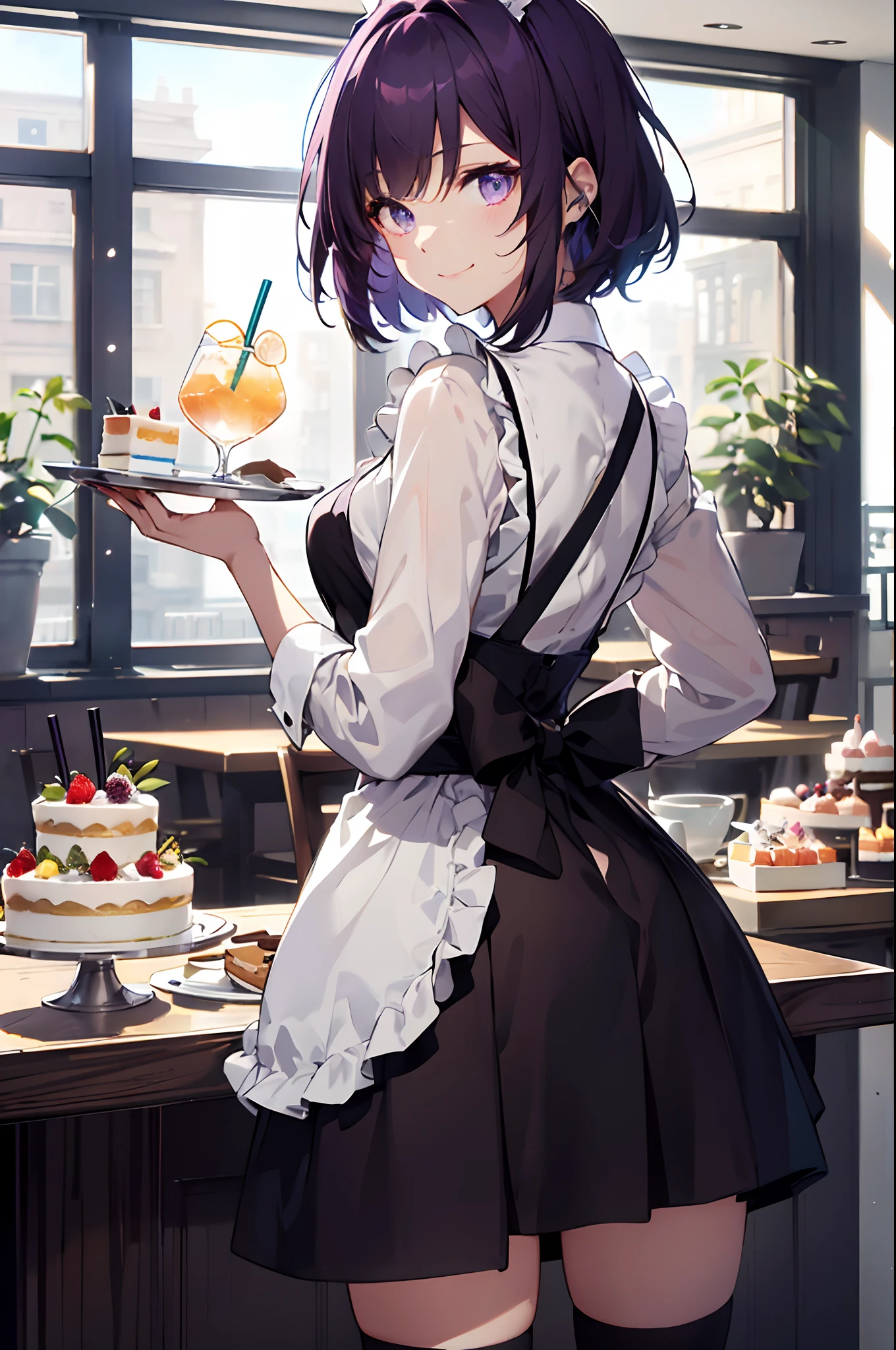 (masuter piece、Best Quality、Detailed、8K, 4K, Illustration、hight resolution、Detailed beautiful eyes:1.2)、((from behind))、cowboy shot、foco nítido、Evening glow、beauitful face、Sharp pupils、Modern Cafe、18 year old beautiful girl、A slender、shinny skin、bob cuts、Beautiful dark purple hair、Purple eyes、inside in room、Apron Dresses、Maid costume、knee sox、(Hold the tray in your right hand、The tray contains drinks and cakes、Left hand resting on hip、Gentle smile:1.2)、(Hip Thrust Pose:1.3)