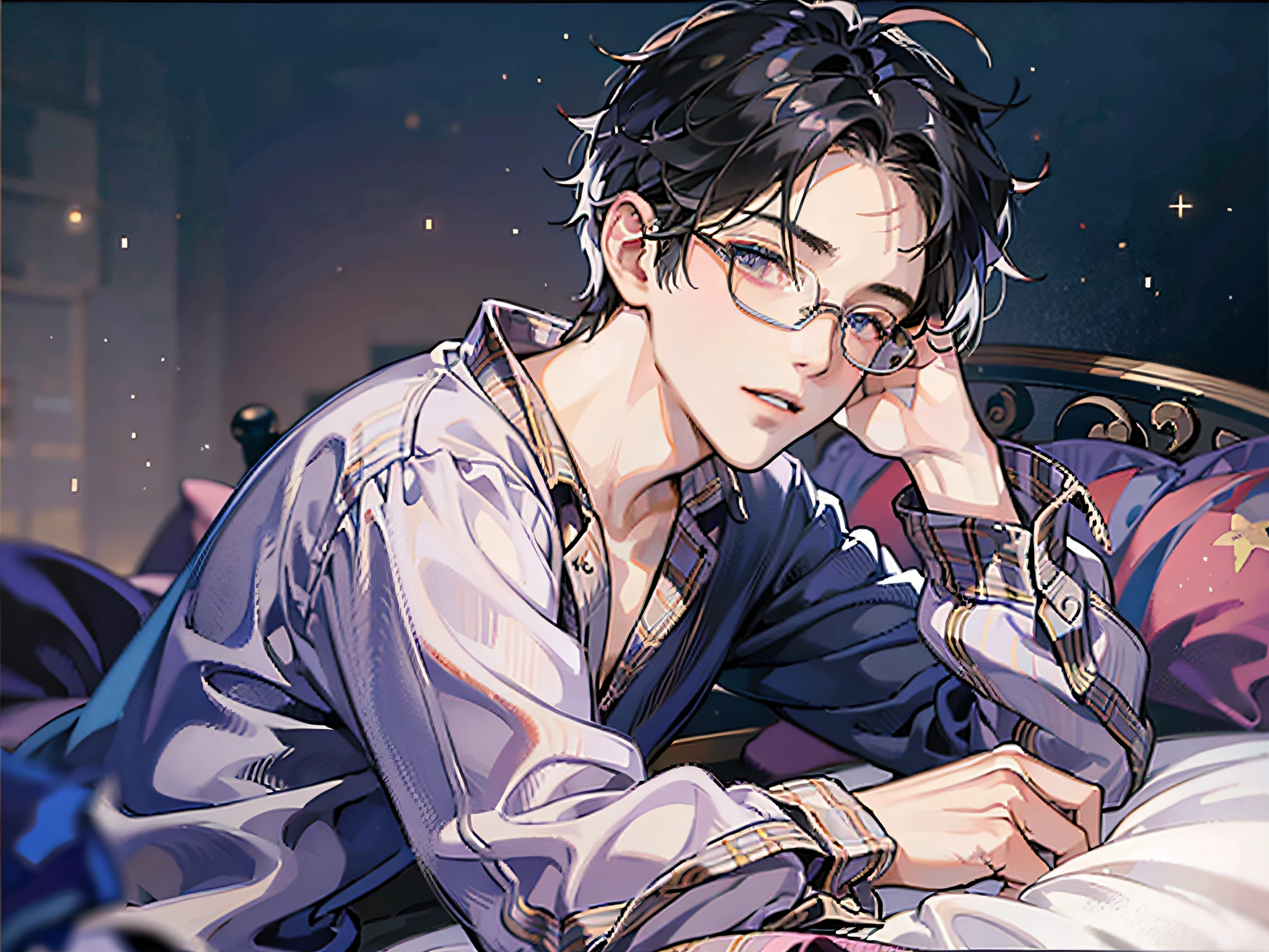 masutepiece, Best Quality, Boy in pajamas lying on bed, Solo,Hairstyle unkempt,ムラムラ,impatience, finely eye and detailed face, Dark midnight background, Dimly lit bedroom, Glasses, resting on a pillow, Head on pillow, From Side, look at viewr, full-body view,Dynamic Angle,Background Simple,Background Black