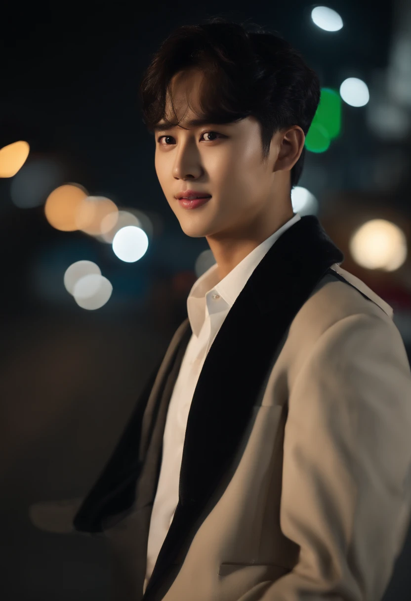 sex, masculine, Age 28 years, (Model, Kim so Hyun, South Korean celebrities), (bestquality:1.2, 8k resolution, highres:1.2), (asian, korea, handsome:1.4), White shirt, Short black hair, Good looking, Fair-skinned, Formal dress code, (On the road at night:1.4), nighttime, bar, dim lighting, deserted, HD 8k images, master-piece:1.2, A confident smile, Shapely,