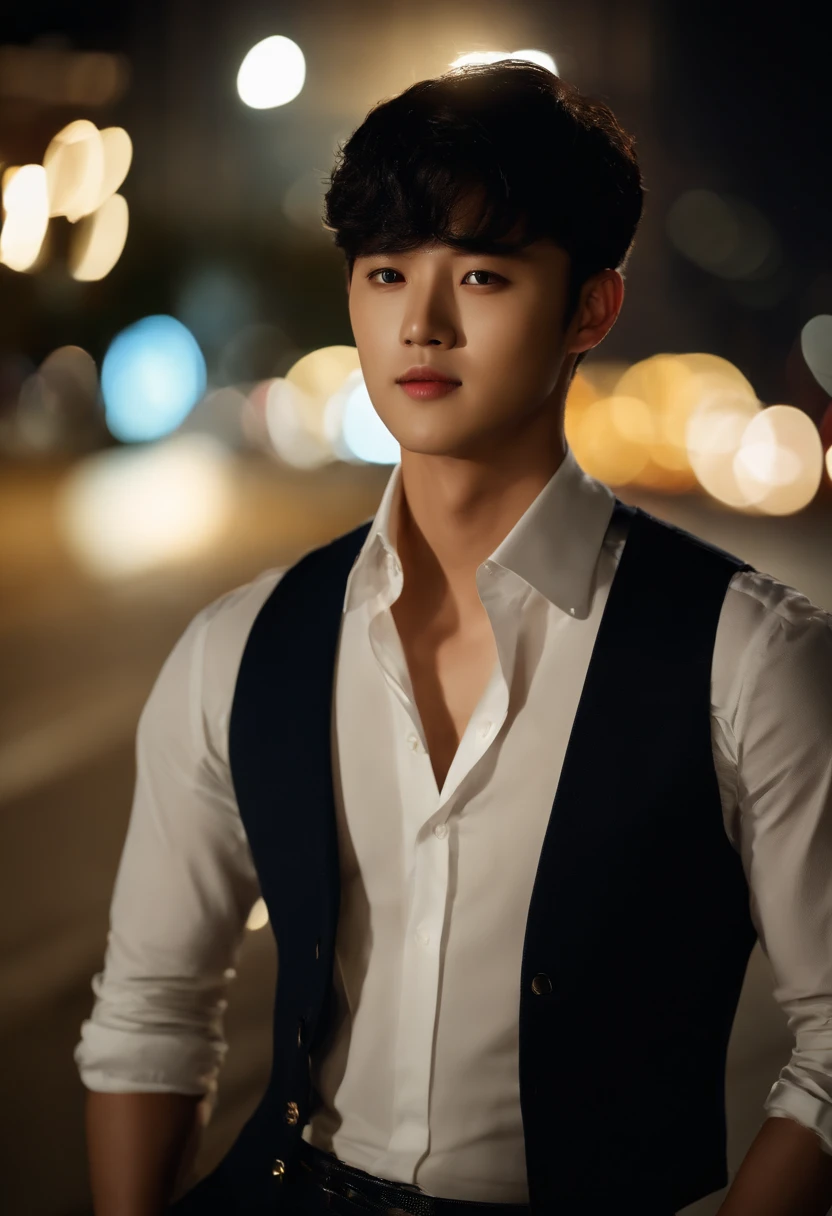 sex, masculine, Age 28 years, (Model, Kim so Hyun, South Korean celebrities), (bestquality:1.2, 8k resolution, highres:1.2), (asian, korea, handsome:1.4), White shirt, Short black hair, Good looking, Fair-skinned, Formal dress code, (On the road at night:1.4), nighttime, bar, dim lighting, deserted, HD 8k images, master-piece:1.2, A confident smile, Shapely,