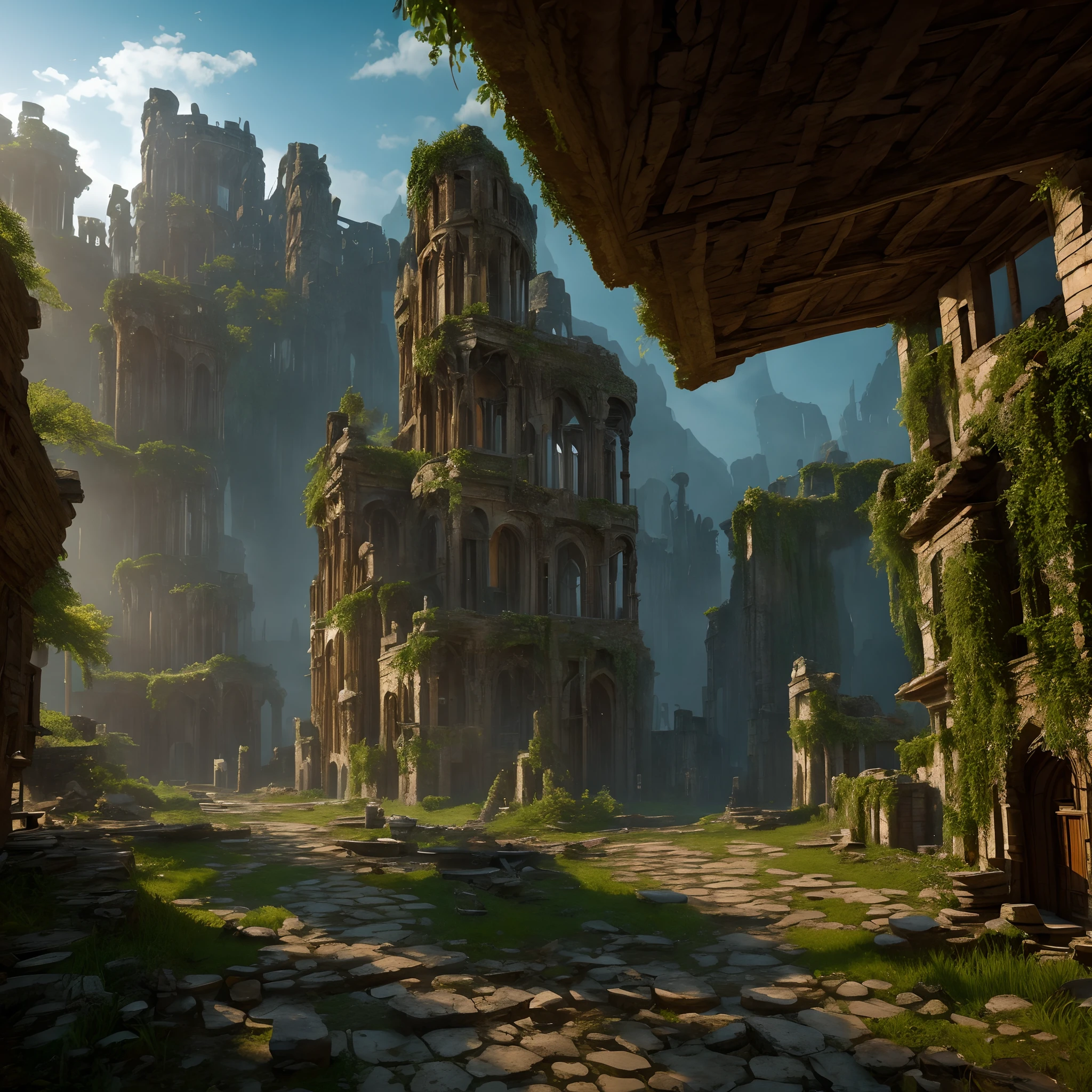 large view of The antic abandonned elvish brutalist town of the High Elf Empire, dilapidated buildings, Since they were driven out of Kei-Shaeras, the city has been a shadow of its former self. corered in roots,The wood elves who reside there, however, lead a calm and peaceful life, Ultra-realistic, artistic, cinematic lighting, smooth details, masterpiece, perfect perspectiv, extremely finely drawn, high quality depth map
