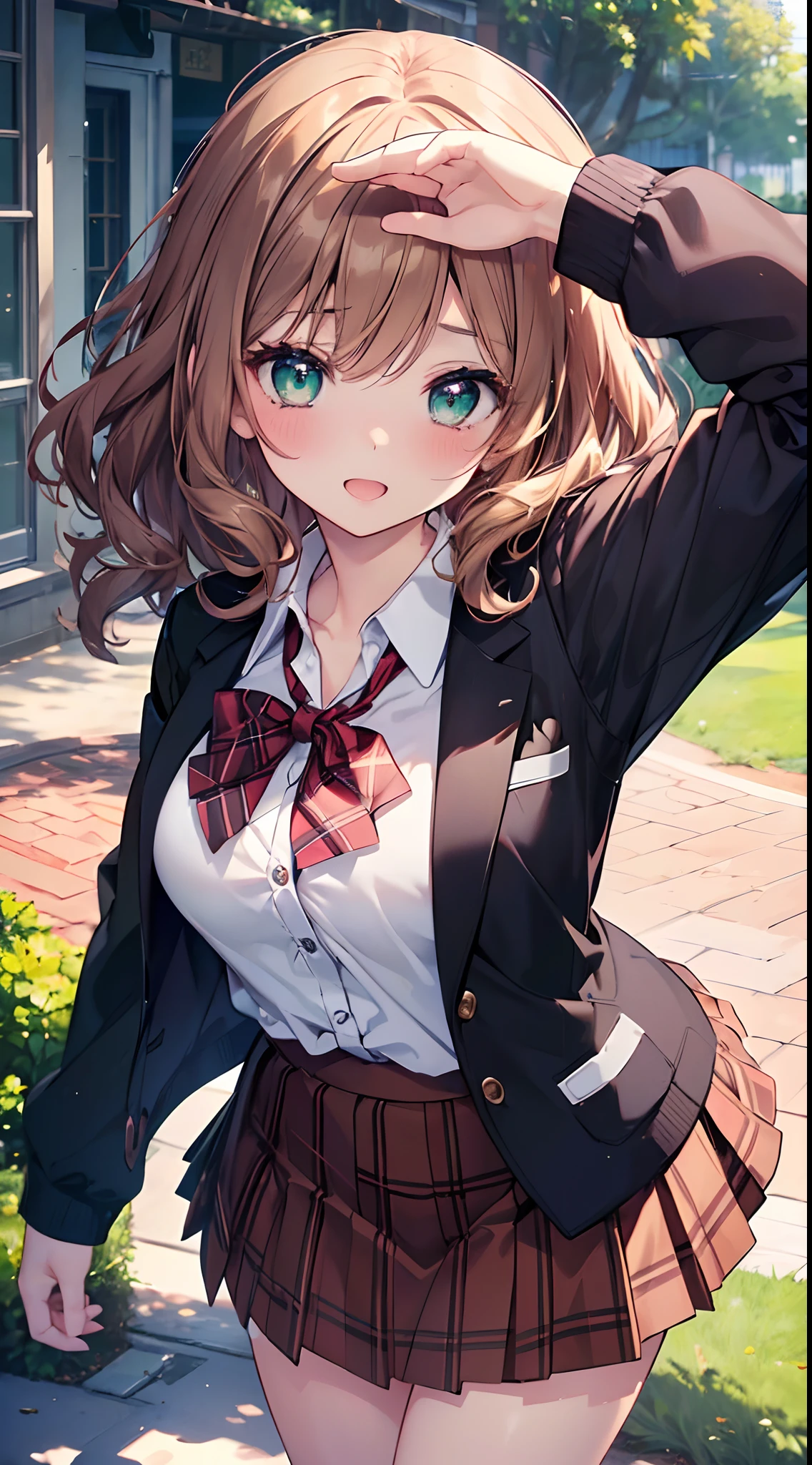 ((masutepiece, Best Quality, hight resolution, nffsw, Perfect Pixel, depth of fields, 4K, nffsw, nffsw))), 1girl in, Single, Solo, Beautiful anime girl, Beautiful Art Style, Anime Character, ((Long hair, Bangs, dark brown hair, Curly hair:0.8)), ((Green eyes:1.4, Detailed eyes, Beautiful eyes, Perfect eyes,Curly eyelashes, Realistic eyes)), ((Detailed face, Blushing:1.2)), ((Smooth texture:0.75, Realistic texture:0.5, Anime CG style)), medium breasts, Dynamic Angle, busty, Perfect body, Dynamic Pose, ((red bowtie, School uniform, Black jacket, Open jacket, Brown cardigan, White shirt, Black skirt, plaid skirts)), Smile, Open mouth, arms behind back, Leaning forward, Amulment Park, ((close up, POV, Cute, Shoot in the face))