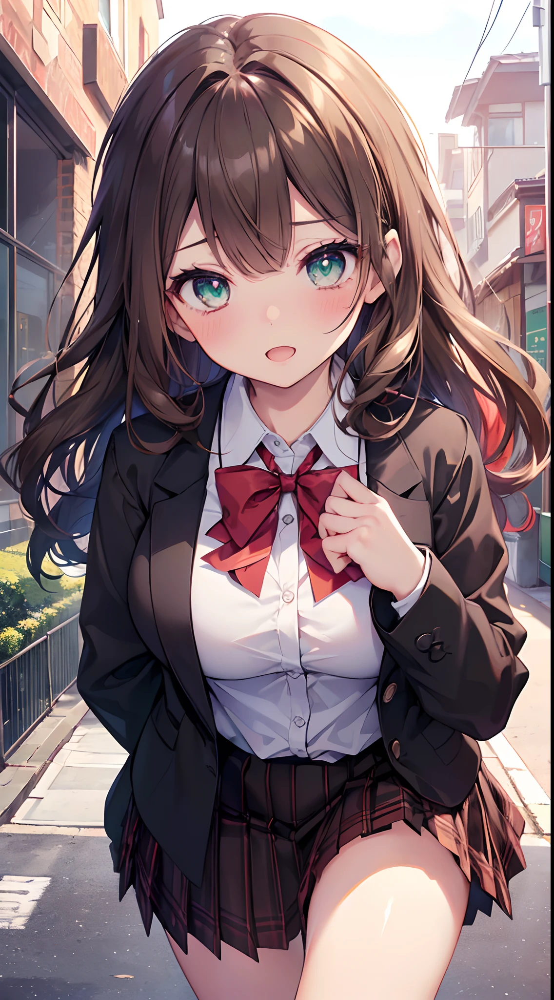 ((masutepiece, Best Quality, hight resolution, nffsw, Perfect Pixel, depth of fields, 4K, nffsw, nffsw))), 1girl in, Single, Solo, Beautiful anime girl, Beautiful Art Style, Anime Character, ((Long hair, Bangs, dark brown hair, Curly hair:0.8)), ((Green eyes:1.4, Detailed eyes, Beautiful eyes, Perfect eyes,Curly eyelashes, Realistic eyes)), ((Detailed face, Blushing:1.2)), ((Smooth texture:0.75, Realistic texture:0.5, Anime CG style)), medium breasts, Dynamic Angle, busty, Perfect body, Dynamic Pose, ((red bowtie, School uniform, Black jacket, Open jacket, Brown cardigan, White shirt, Black skirt, plaid skirts)), Smile, Open mouth, arms behind back, Leaning forward, Amulment Park, ((close up, POV, Cute, Shoot in the face))