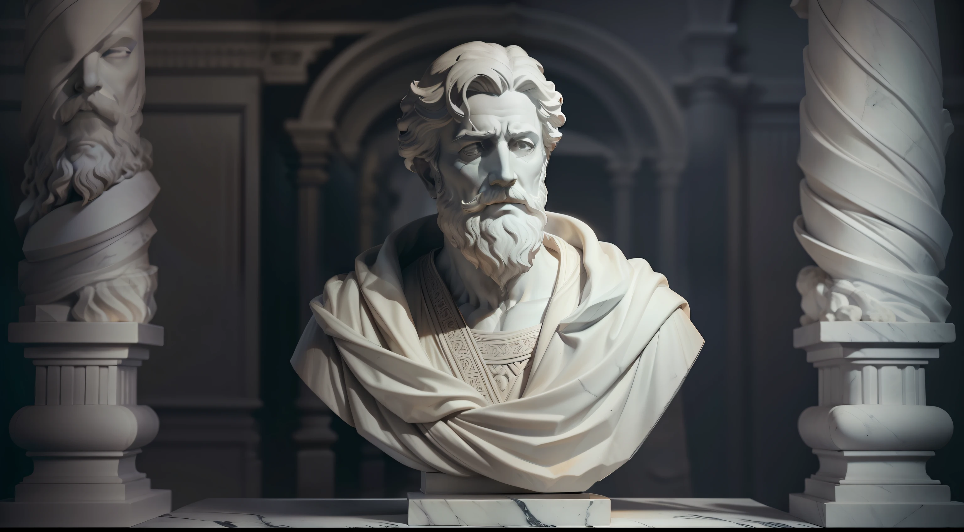 White marble statue of bust of wise man with the style of the bearded Greek philosopher in the museum. Atmosfera escura, alto contraste de luz e sombra, fotografia profissional, utrarealista, Light Volumetric, cinemactic
