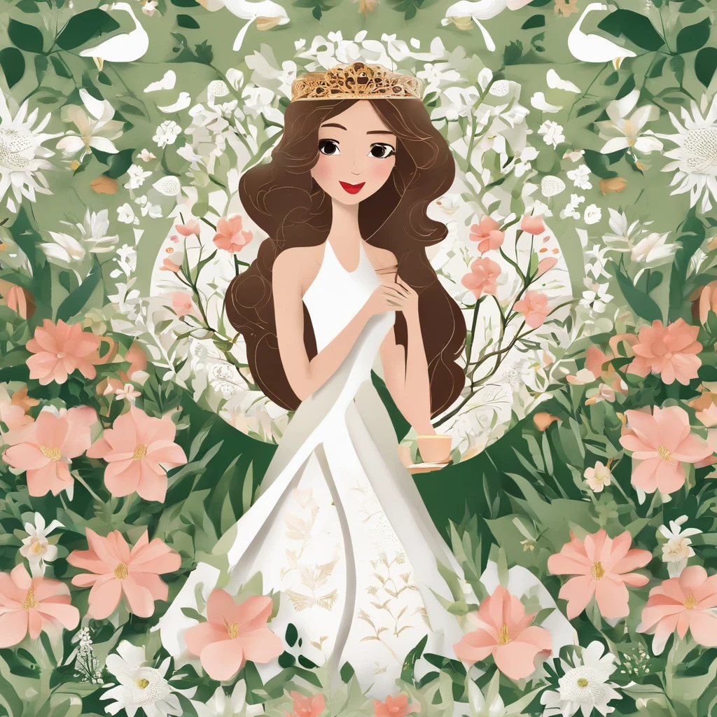 Super high quality 3D illustration, white background, a long brown hair lovely girl is holding a pot of green pea plant, half body, standing in the middle is a colourful floral arch, the pot has heart label, many colourful flowers and green leaves, flying butterflies, happy and gentle smile face, princess look, wearing a diamond crown, vivid colour