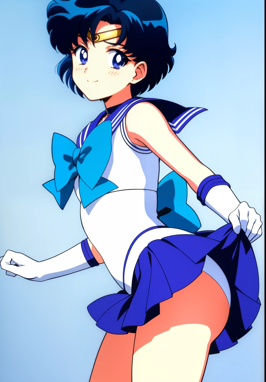 Anime Boy、 boys、gender change、gender change(Girls to boys)、Ami Mizuno、Sailor Mercury、Sailor Senshi Uniform、Very short silver-haired boy、Blue choker、Blue sailor collar、Sky blue bow tie、solo、skirt、Magical Boy、Blue-eyed boy、back_bow、white glove、elbowgloves、bow、a blue skirt、skirt_lift、smile、jewelry、rating:questionable、blue_bow、耳Nipple Ring、lifted_by_self、circlet、rating:safe、looking_at_viewer、leotard、highleg leotard、White leotard、robe blanche、heart、thighs、blush、a miniskirt、pleatedskirt、highleg、Boy standing、Bare shoulders、bare legs、1990's\(styles\)、