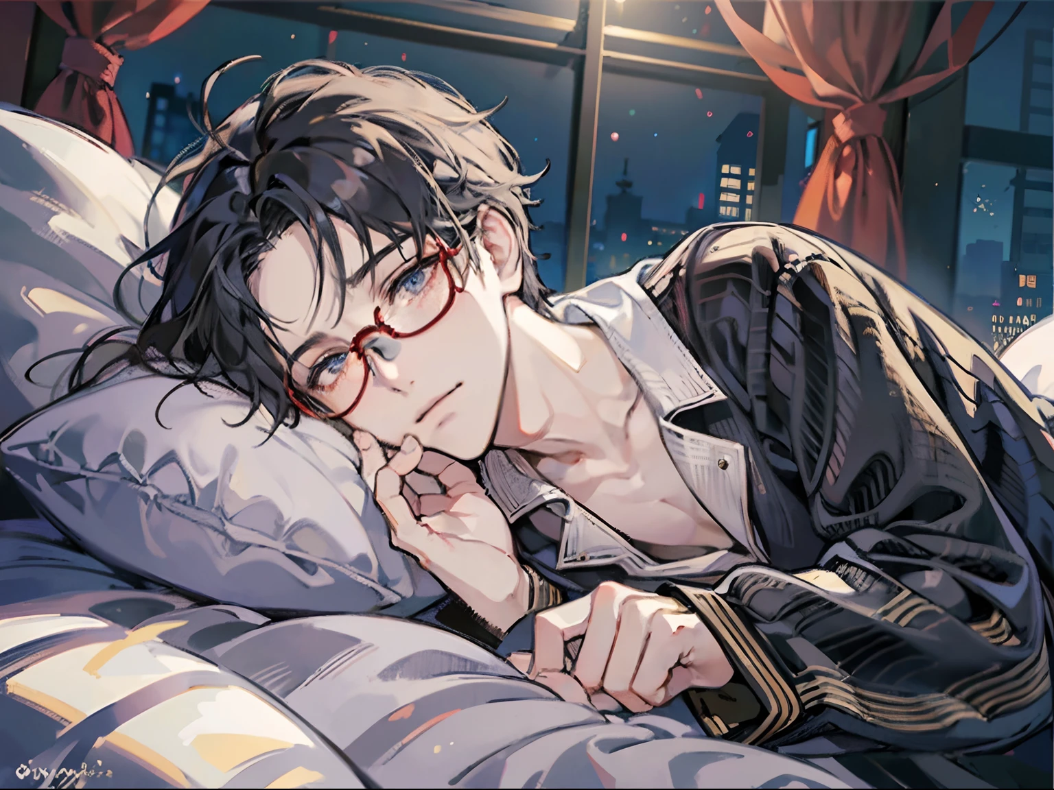 masutepiece, Best Quality, Boy in pajamas lying on bed, Solo,Hairstyle unkempt,ムラムラ,impatience, finely eye and detailed face, Dark midnight background, Dimly lit bedroom, Glasses, resting on a pillow, Head on pillow, From Side, look at viewr, full-body view,Dynamic Angle,