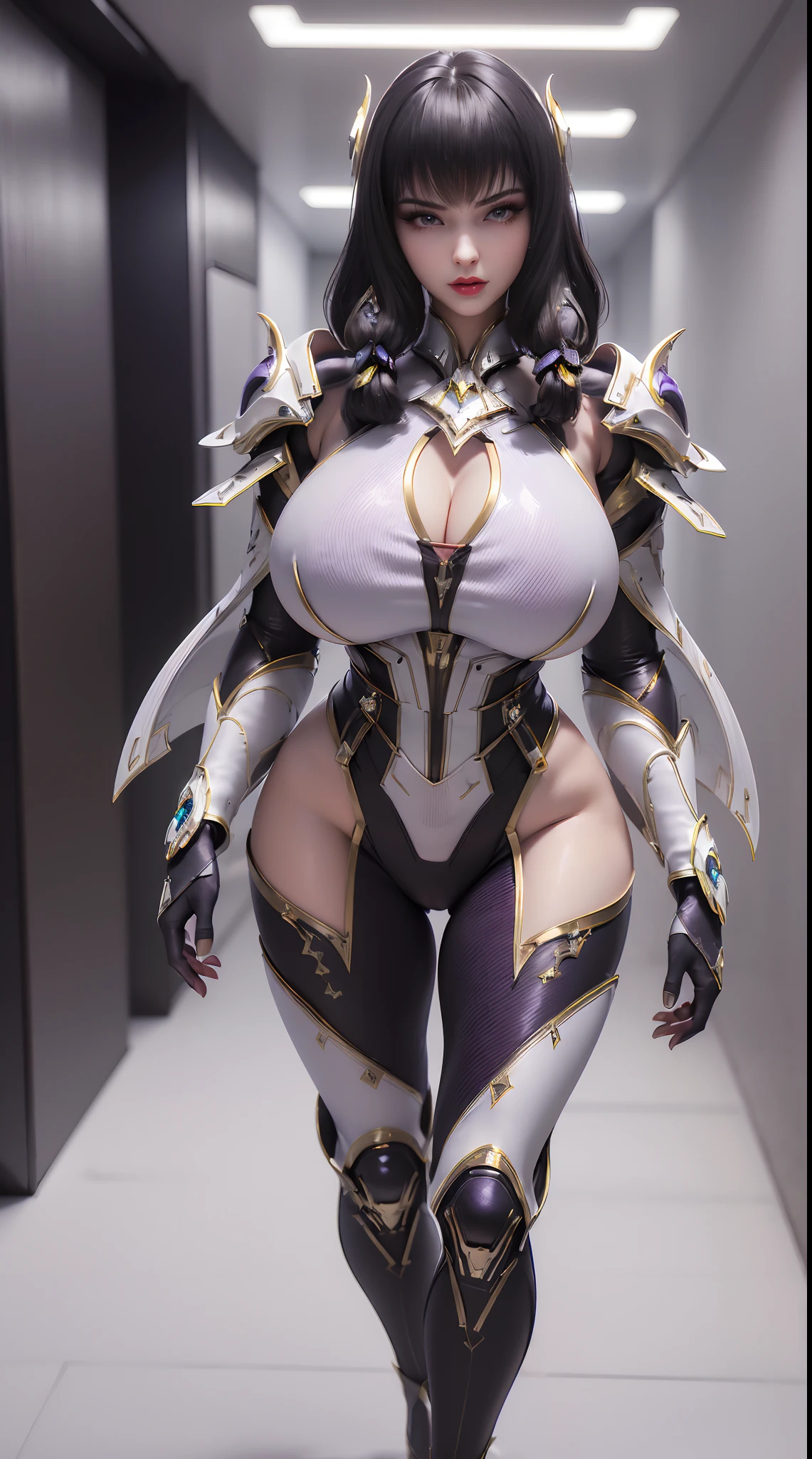 (1GIRL,SOLO:2), (super detailed face), ((BIG BUTTOCKS, HUGE FAKE BREASTS:1.5)), (CLEAVAGE TOP:1.5), (11 LINE ABS FEMALE:1.4), (MECHA GUARD ARM:1.4), ((WEAR PURPLE BLACK OVERWATCH MECHANICAL ARMOR SUIT, BLACK MECHANICAL SKINTIGHT SUIT PANTS, MECHA GUARD ARMOR LEGS, HIGH HEELS:1.5)), (LEWD VOLUPTUOUS BODY:1.3), (GLOWING SKIN:0.8), (LONG LEGS, FULL BODY:1.1), (LOOKING AT VIEWER:1.3), (female focus:0.886), (WALKING DOWN HALLWAY OF FUTURISTIC SPACE STATION:1), (BRIGHT LIGHT WHITEROOM:1.3), SUPER TEXTURE, UNREAL ENGINE RENDER, PHYSICALLY-BASED RENDERING, ULTRA HIGHT DEFINITION, 16K, 1080P.