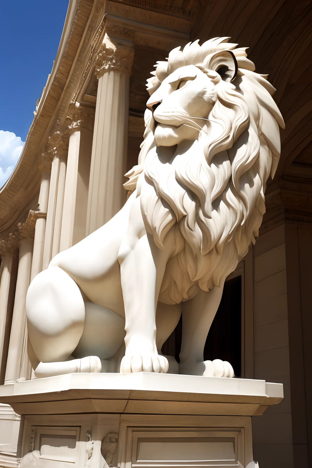 Winged lion sitting with wings spread and roaring