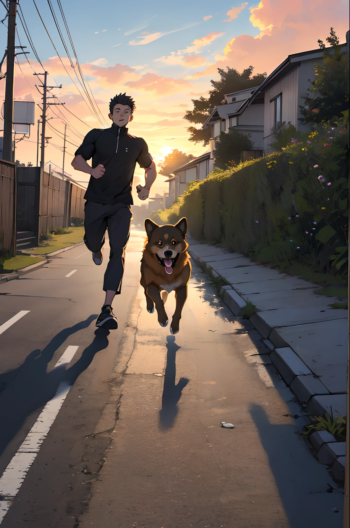 A boy with his Pomeranian dog running playing fetch in the sunset