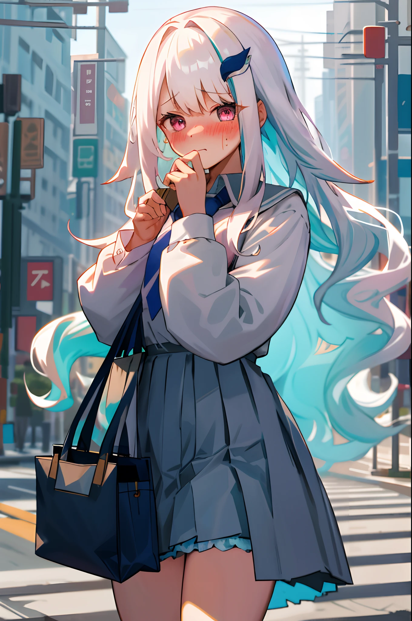 One girl with long wavy hair, white hair, looking at viewer, embarrassed, blushing, tears, outdoor , school uniform, white shirt, necktie, puff long sleeves, mini skirt, thigh, perfect waist, noon atmosphere, hair ornament, standing, Holding a bag in his hand, road, (embarrassed:1.0)