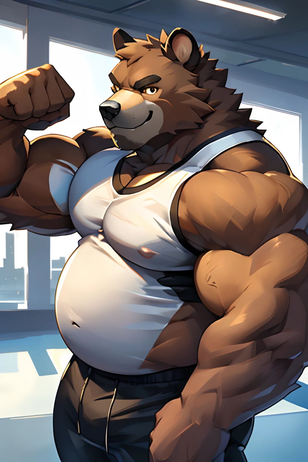 (best quality,4k,highres,masterpiece:1.2),ultra-detailed,realistic:1.37, ((a cute muscle beefy bear is flesing hix muscular arm)), ((flexing muscles arm)), (brown skin), smiling, big muscle beefy body, (black pants), tight shirt, ((arm foccus)), (((detailed beefy muscular body))), board shoulders, (((belly))), ((Close-up)), from above, ((solo)), (((half body))), caustic light, gym background, (((portrait)))