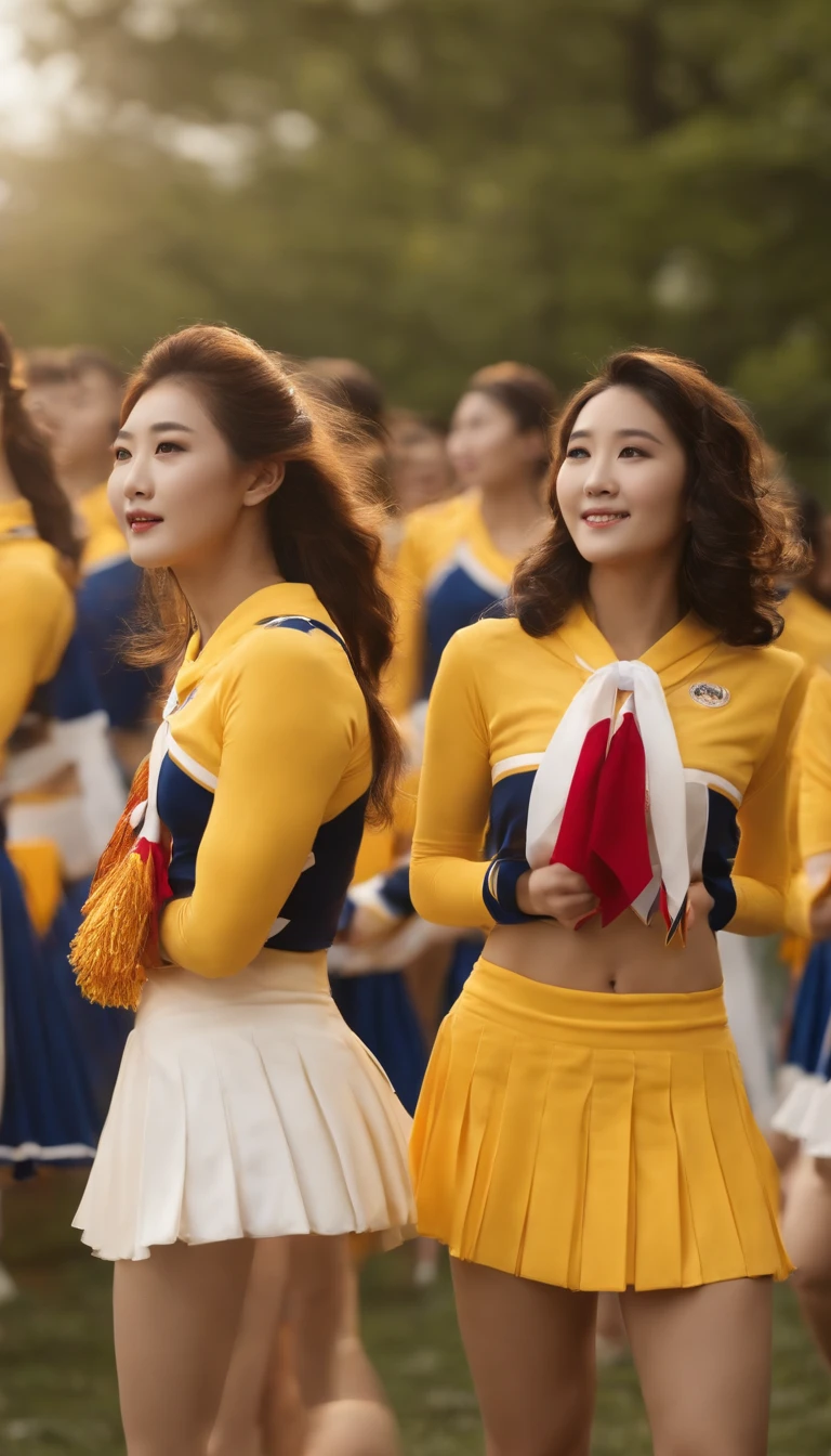 Korean women stand in a row with cheerleading sticks in their hands, Effeminate female cheerleaders, Korean yellow cheerleaders, Wear a sleeveless, low-cut T-shirt and a white pleated skirt, Portrait of a Korean cheerleader, cinematic —ar 16:9, woman, cheerleading, close up portrait shot, Realistic female cheerleaders, still from live action movie, TV photography, Cheerleading costumes, shot from cinematic