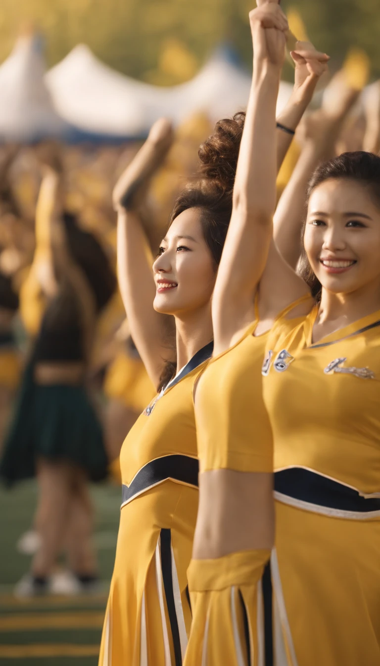 Korean women stand in a row with cheerleading sticks in their hands, Effeminate female cheerleaders, Korean yellow cheerleaders, Wear a sleeveless, low-cut T-shirt and a white pleated skirt, Portrait of a Korean cheerleader, cinematic —ar 16:9, woman, cheerleading, close up portrait shot, Realistic female cheerleaders, still from live action movie, TV photography, Cheerleading costumes, shot from cinematic