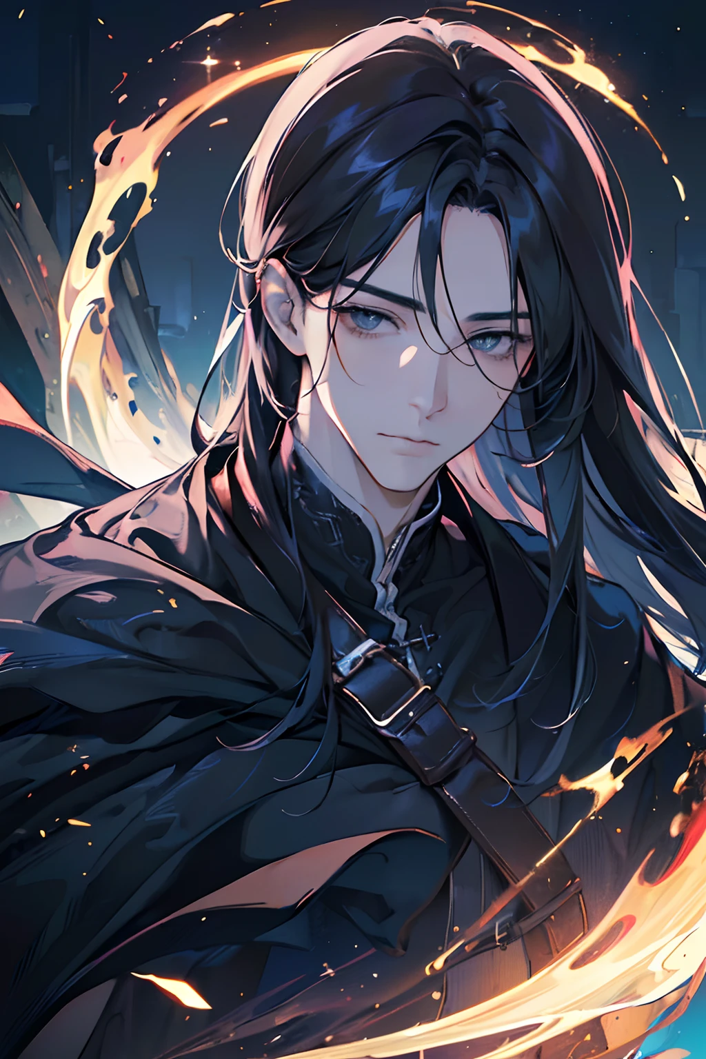 (best quality,4k,8k,highres,masterpiece:1.2),ultra-detailed,(realistic,photorealistic,photo-realistic:1.37),1guy,handsome,adult,adult face,long hair, straight black hair covers one eye,grey eyes, condescending ,calm,dark sorcery,fantasy,black mage robes,close up