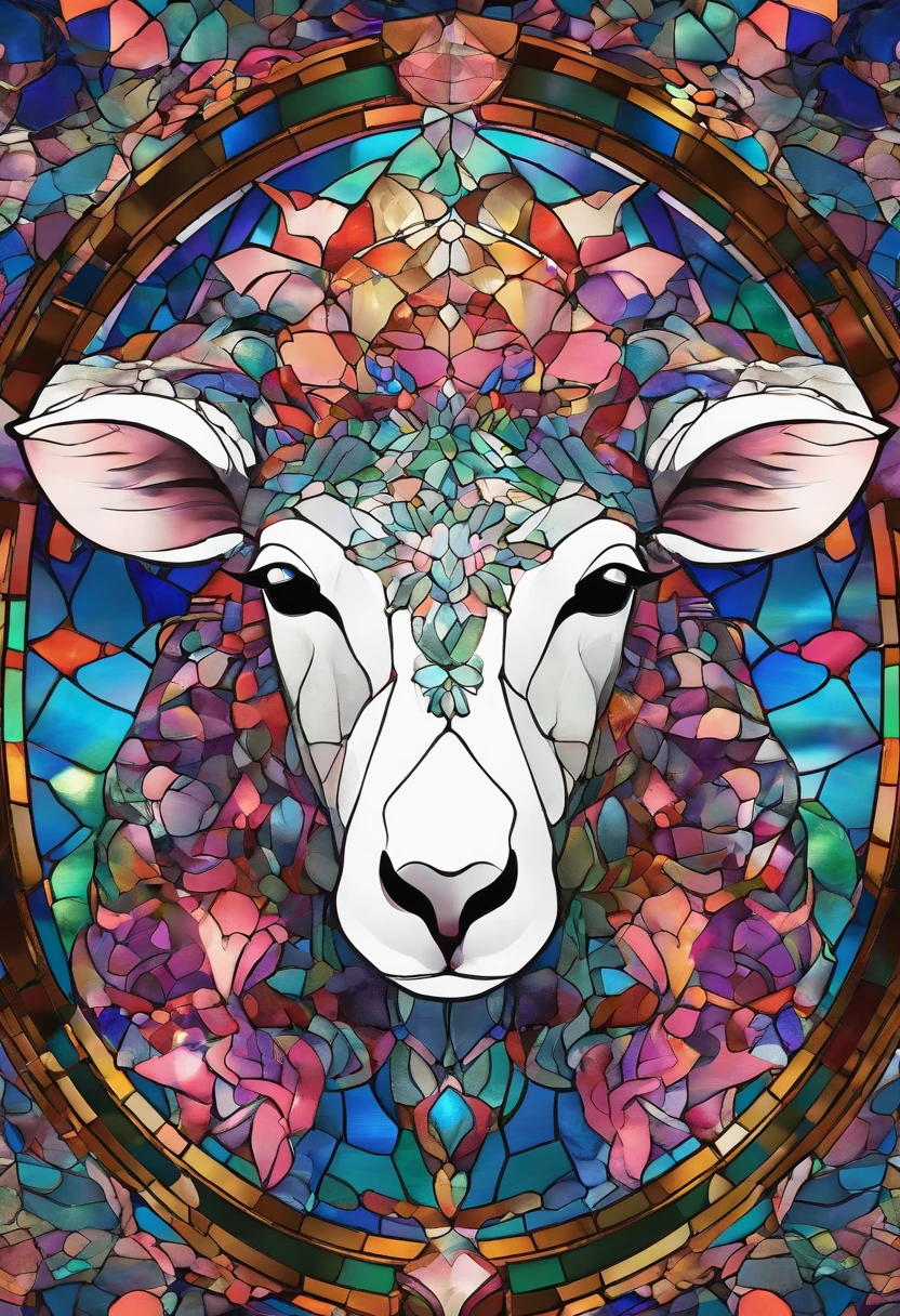 (8k wallpaper, Raw photo, Photorealistic:1.25) ,( gloss-face,, Best Quality, 超A high resolution, depth of fields, color difference, Caustics, Special light) ,Iridescent style,(dreamy and romantic compositions:1.5),Bright style,rainbowing,Silver sheep's head badge,Sapphire glasses,Diamond Setting,C4D Rendering,less details,less details,Huge metal sheep's head in the middle