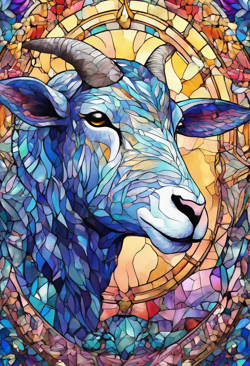 (8k wallpaper, Raw photo, Photorealistic:1.25) ,( gloss-face,, Best Quality, 超A high resolution, depth of fields, color difference, Caustics, Special light) ,Iridescent style,(dreamy and romantic compositions:1.5),Bright style,rainbowing,Silver sheep's head badge,Sapphire glasses,Diamond Setting,C4D Rendering,less details,less details,Huge metal sheep's head in the middle