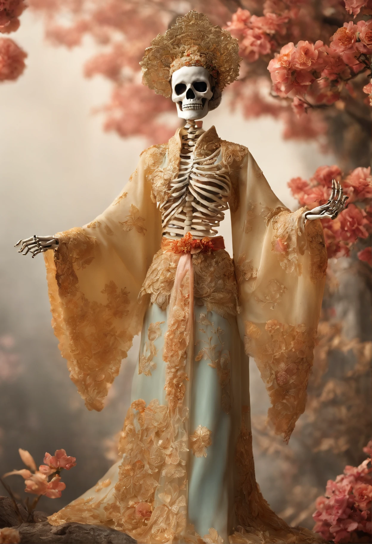 Cartoon skeleton, Skeleton standing together in flowers and Tang dynasty costumes, intricate skeletal decorations, made of dried flowers, saint skeleton queen, hone onna skeleton geisha, made of intricate lace skeleton, Victoria Day of the Dead, hauntingly beautiful art, (( Jour des morts ) ), Katrina,   （The openwork blends perfectly with Tang dynasty clothing：1.37）Background with：Tang Dynasty Palace