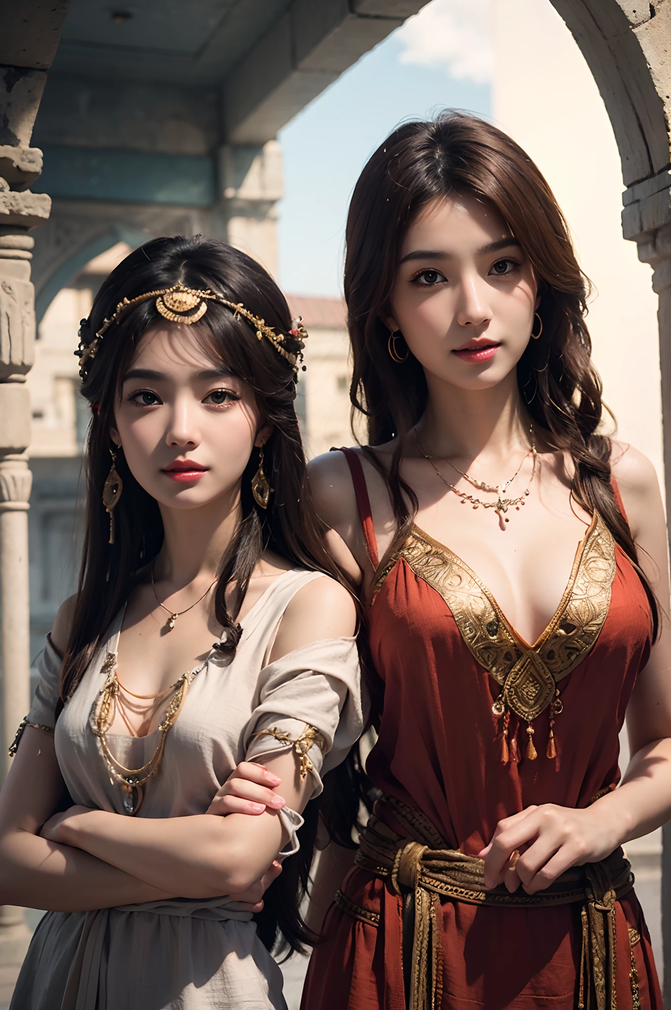 The proportions are the same for all races, All faces and pictures must be different,high quality, ultra-realistic, closeup portrait of two Beautiful women of ancient Mesopotamia,leering:1.4,dynamic pose, ancient Mesopotamian civilization, Babylonia, Uruk, tunics of various lengths, linen garments, agate necklaces,translucent paisley clothing, Kaunakes, bronze ware, a little smile, high adobe walls, luminism, 3d render, octane render, cinematic, Isometric, awesome full color, 8K Ultra HD, by yukisakura, high detailed,