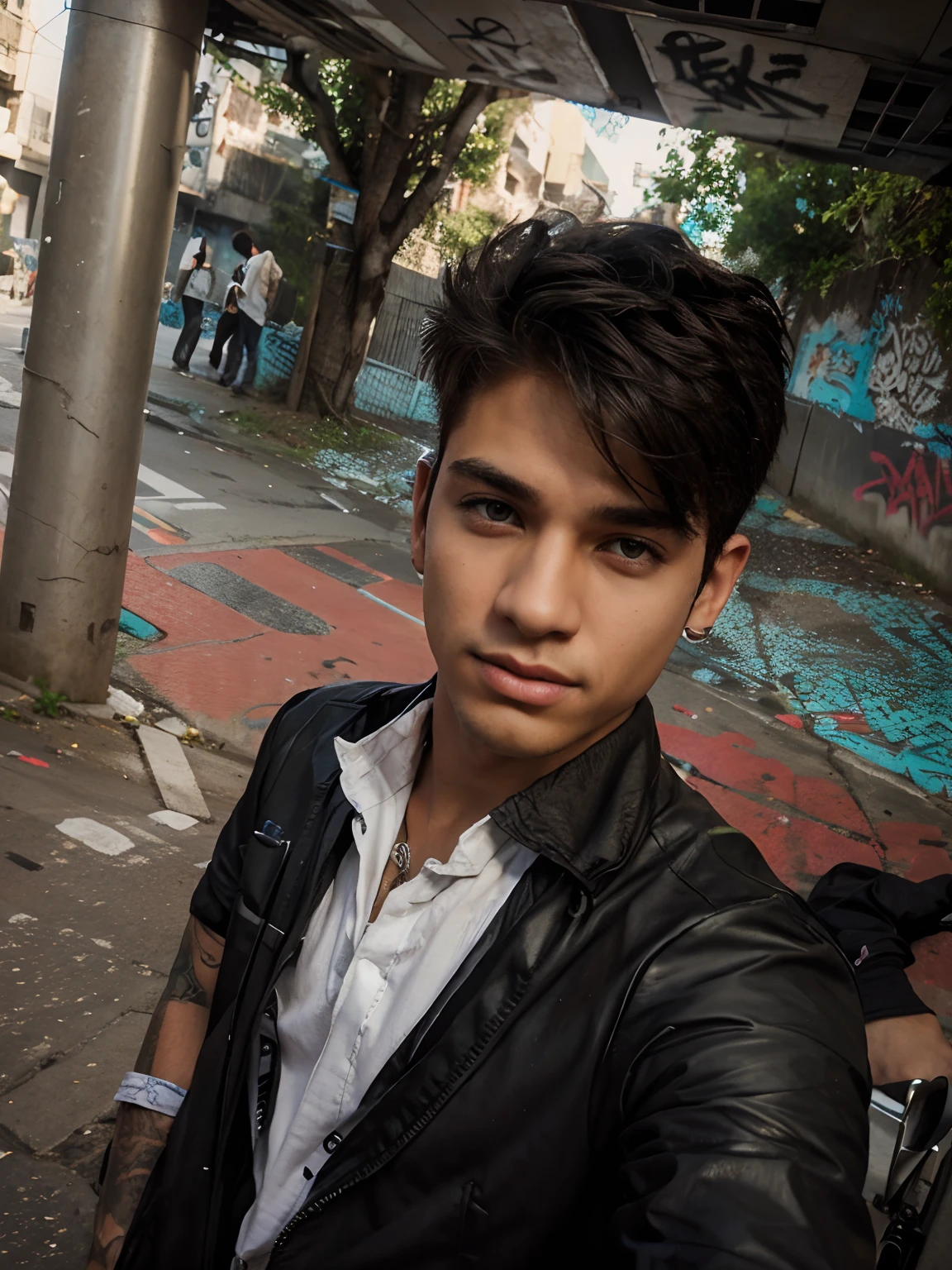 "Change background to urban street with graffiti, realistic face of a stylish and handsome boy."