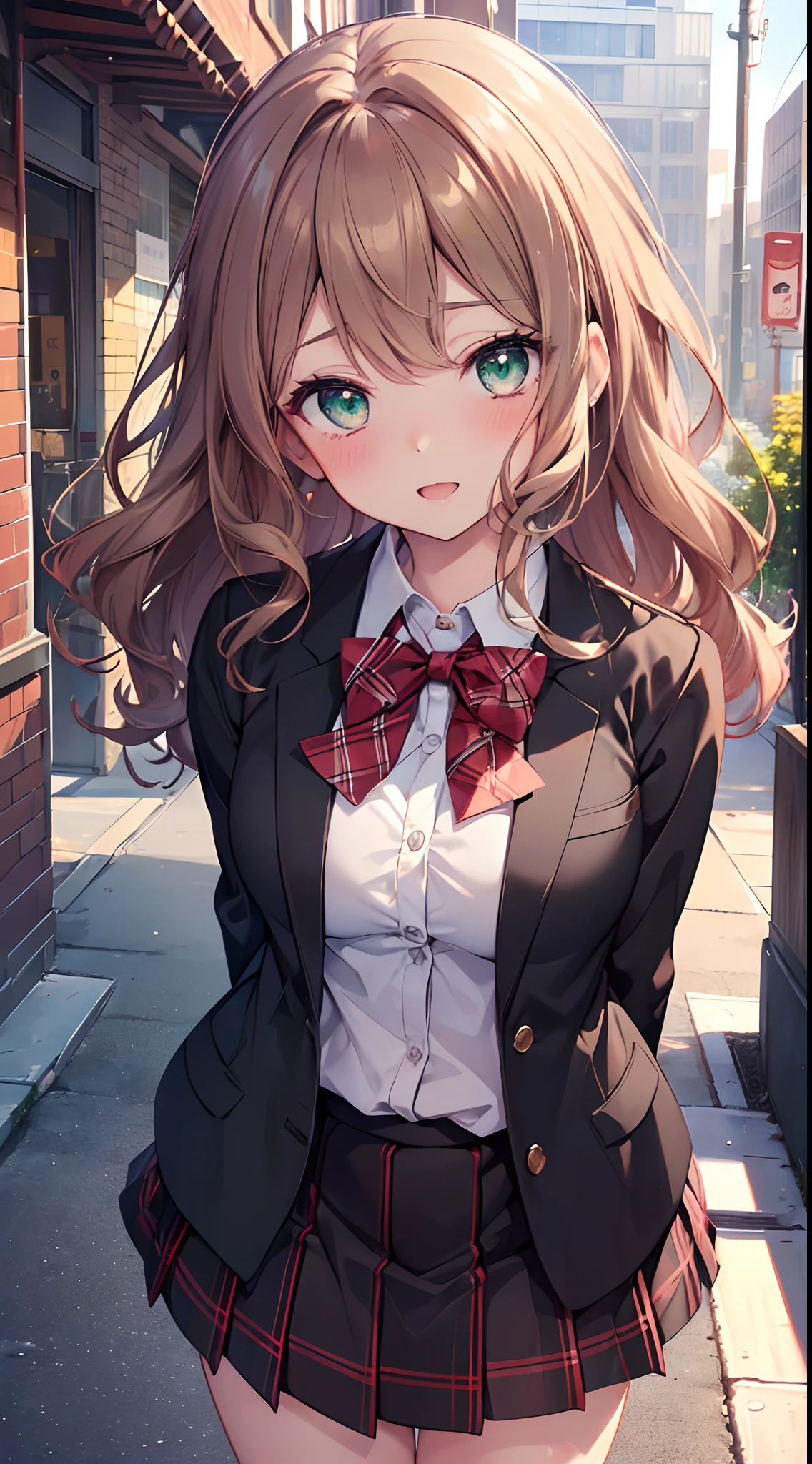 ((masutepiece, Best Quality, hight resolution, nffsw, Perfect Pixel, depth of fields, 4K, nffsw, nffsw))), 1girl in, Single, Solo, Beautiful anime girl, Beautiful Art Style, Anime Character, ((Long hair, Bangs, dark brown hair, Curly hair:0.8)), ((Green eyes:1.4, Detailed eyes, Beautiful eyes, Perfect eyes,Curly eyelashes, Realistic eyes)), ((Detailed face, Blushing:1.2)), ((Smooth texture:0.75, Realistic texture:0.5, Anime CG style)), medium breasts, Dynamic Angle, busty, Perfect body, Dynamic Pose, ((red bowtie, School uniform, Black jacket, Open jacket, Brown cardigan, White shirt, Black skirt, plaid skirts)), Smile, Open mouth, arms behind back, Leaning forward, Amulment Park, ((close up, POV, Cute, Shoot in the face))
