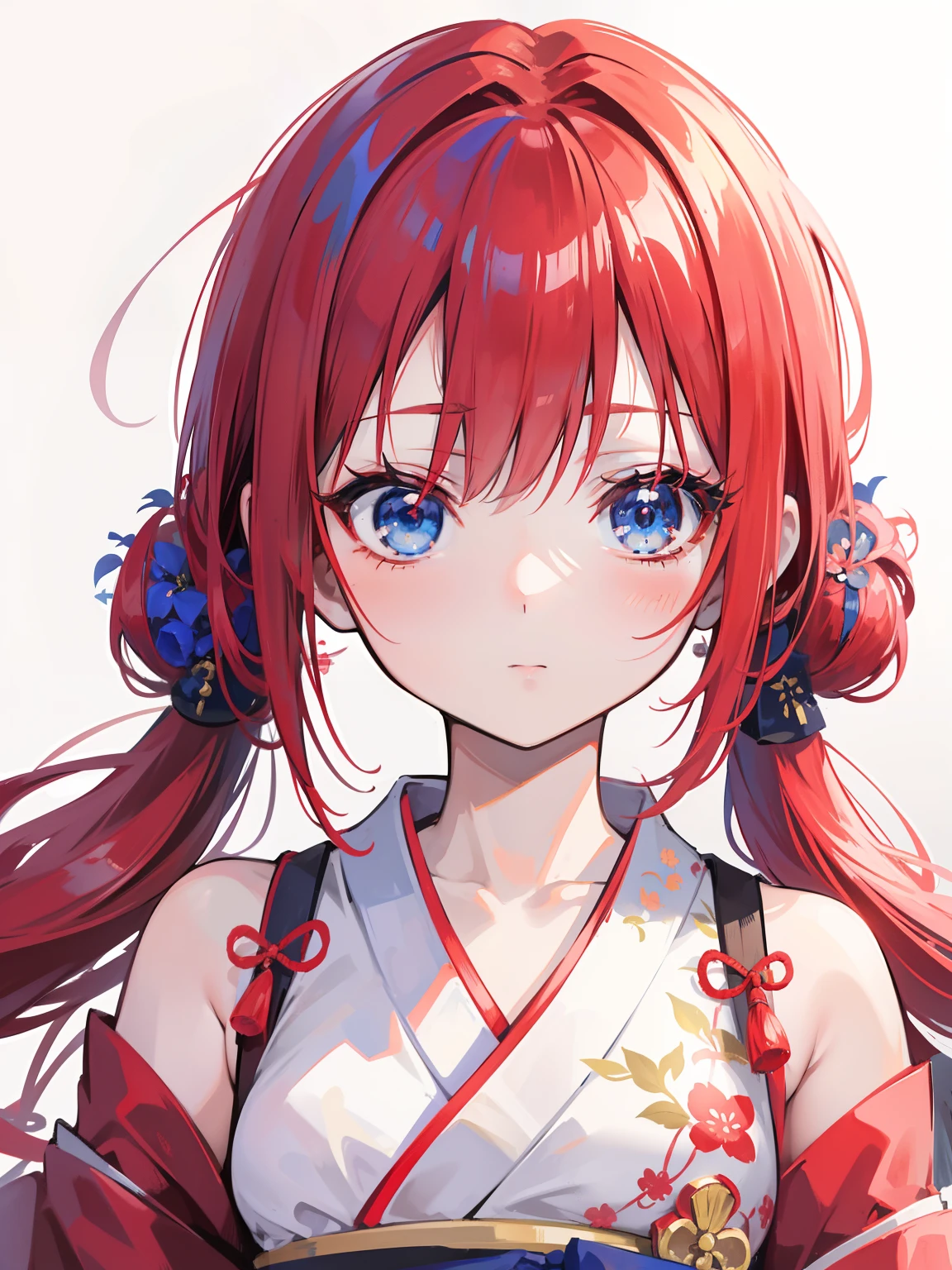 red hair,blue eyes,twintails,Wafuku,Geisha,loli,the most popular courtesan,solo,long hair,Japanese,{{best quality}}, {{masterpiece}}, {{ultra-detailed}}, {illustration}, {detailed light}, {an extremely delicate and beautiful},little girl,cute,