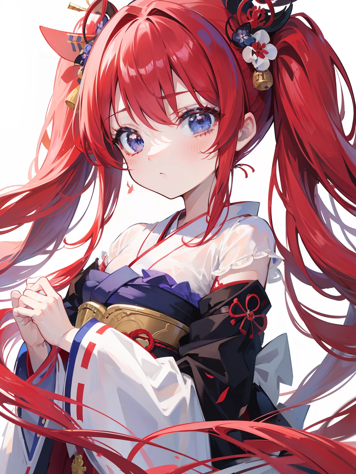 red hair,blue eyes,twintails,Wafuku,Geisha,loli,the most popular courtesan,solo,long hair,Japanese,{{best quality}}, {{masterpiece}}, {{ultra-detailed}}, {illustration}, {detailed light}, {an extremely delicate and beautiful},little girl,cute,