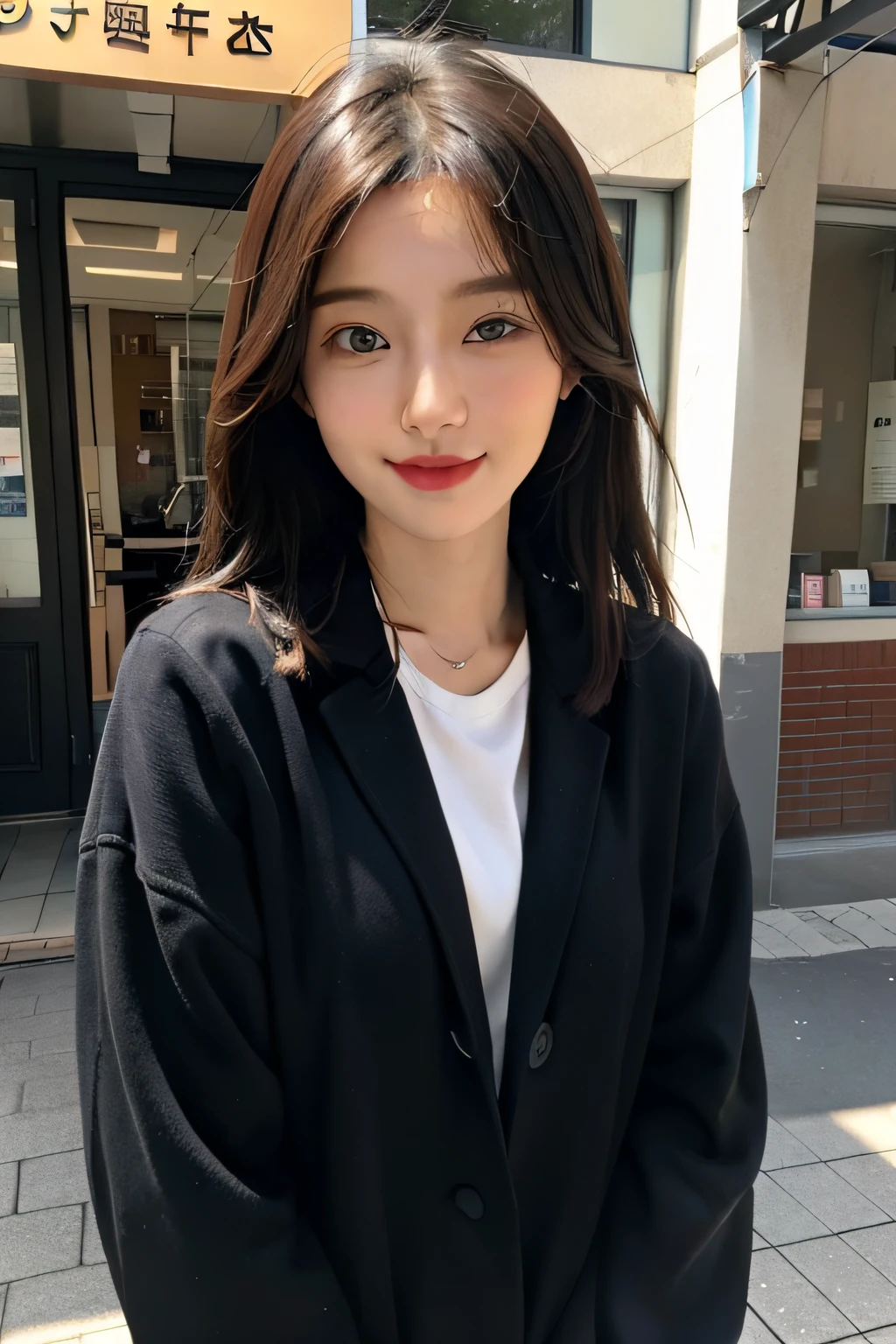 1girll,frontage，In the daytime。ssmile