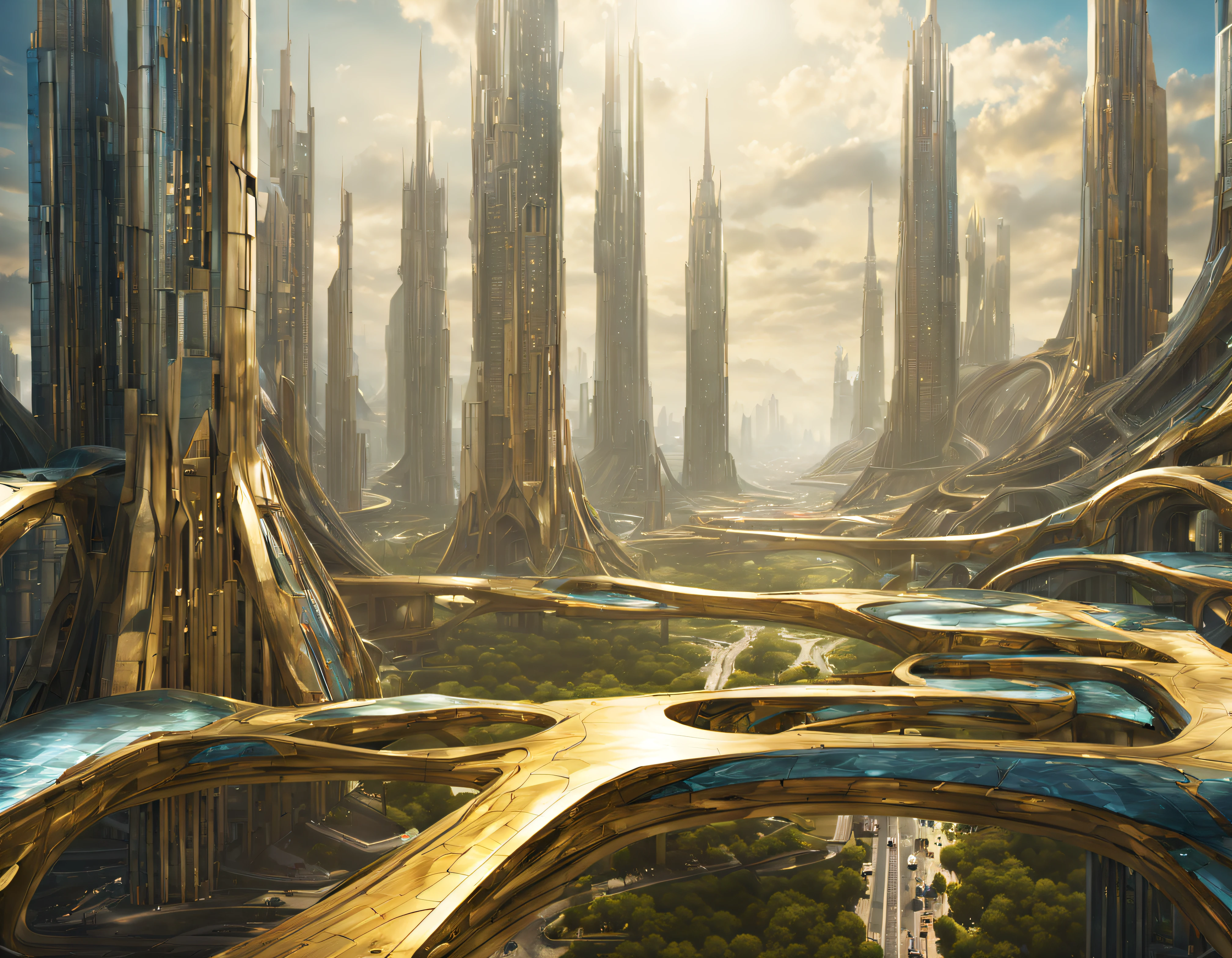 On an unknown planet lies a futuristic fantasy city with immense buildings of technological design (que forman una avenida infinita), con estructuras acristaladas en plata, oro y bronce espectaculares, (con colores vivos). pavimento ensolado (sin brillo). gente paseando. (similar a coruscant). imagen bien definida con muchos edificios juntos. imagen nitida bien definida 8k. los edificios llegan alta el fondo.