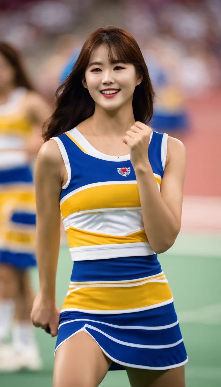 Korean women holding cheerleading sticks in their hands, beauitful face，perfect body figure，Pink shawl long hair，Effeminate female cheerleaders, Korean yellow cheerleaders, Wear a sleeveless, low-cut T-shirt and a white pleated skirt， Portrait of a Korean cheerleader, cinematic —ar 16:9, woman, cheerleading, close up portrait shot, Realistic female cheerleaders, still from live action movie, TV photography, Cheerleading costumes, shot from cinematic