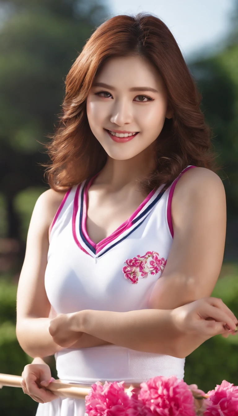 best quality,ultra-detailed,realistic,portrait,beautiful detailed face,longhair,female korean cheerleader, korean asian cheerleader,holding a cheerleading baton in her hand,in a garden with a pink carnation headband,white cheerleading uniform with a sleeveless low-cut sports top and a white pleated skirt,close-up portrait shot of a woman,AR 16:9 movie,realistic female cheerleader,movie still,TV station photography,cheerleading costume,facial close-up shot of a female cheerleader in a realistic manner, cinematic photography