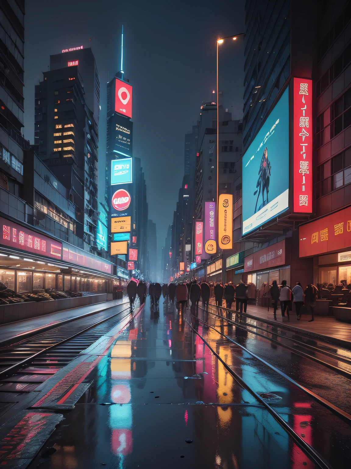 Ciudad nocturna,Arquitectura futurista,Enormes paredes de video y charcos reflectantes,Neon lights illuminate asphalt streets ,La ciudad de Blade Runner,Hong Kong de noche,Publicidad en vallas publicitarias(Peso 1.2),A combination of cinematic atmosphere and original art,Enfoque en el mate y el modelado,Pantalla multicanal,An animated film with a sense of the times influenced by the Italian architect Santa Elia.