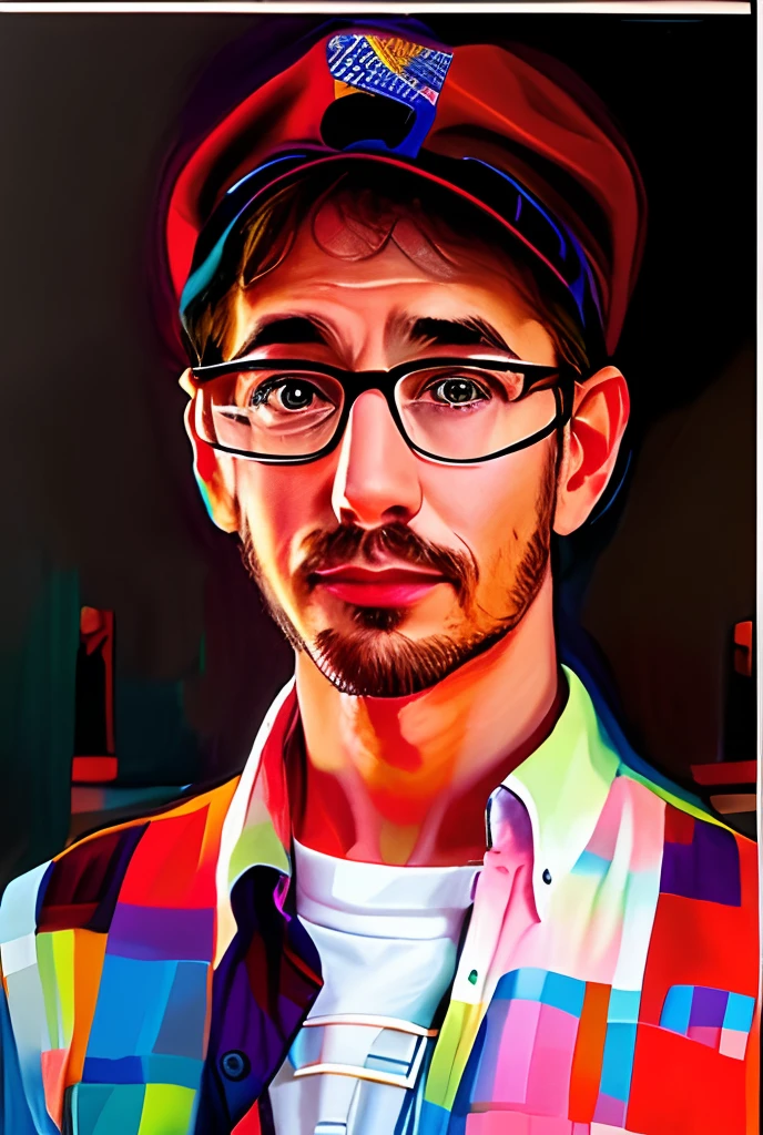 there is a man wearing a hat and glasses and a shirt, realistic portrait photo, high quality portrait, photorealistic portrait, photo realistic portrait, photo-realistic face, nerdy man character portrait, inspired by Dietmar Damerau, detailed portrait, photorealistic digital painting, man with glasses, hyperrealistic portrait, realistic portrait, portrait shot, closeup portrait shot, in the style of Peter Max