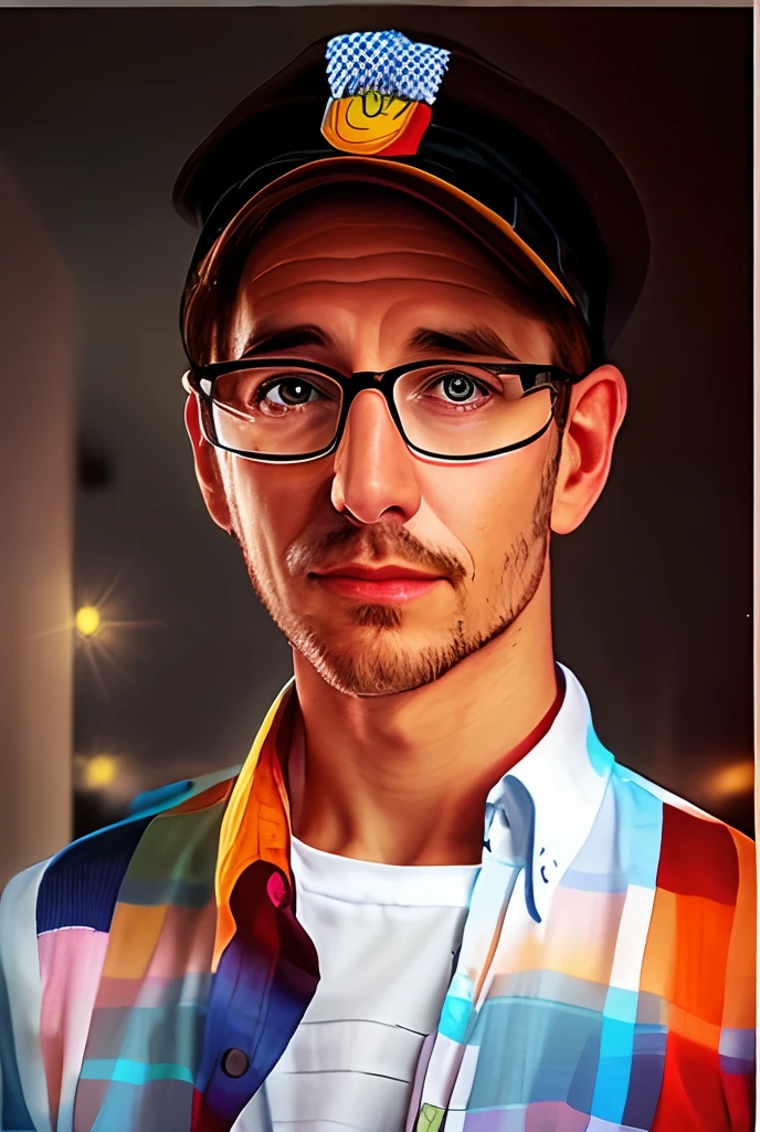 there is a man wearing a hat and glasses and a shirt, realistic portrait photo, high quality portrait, photorealistic portrait, photo realistic portrait, photo-realistic face, nerdy man character portrait, inspired by Dietmar Damerau, detailed portrait, photorealistic digital painting, man with glasses, hyperrealistic portrait, realistic portrait, portrait shot, closeup portrait shot, in the style of Peter Max