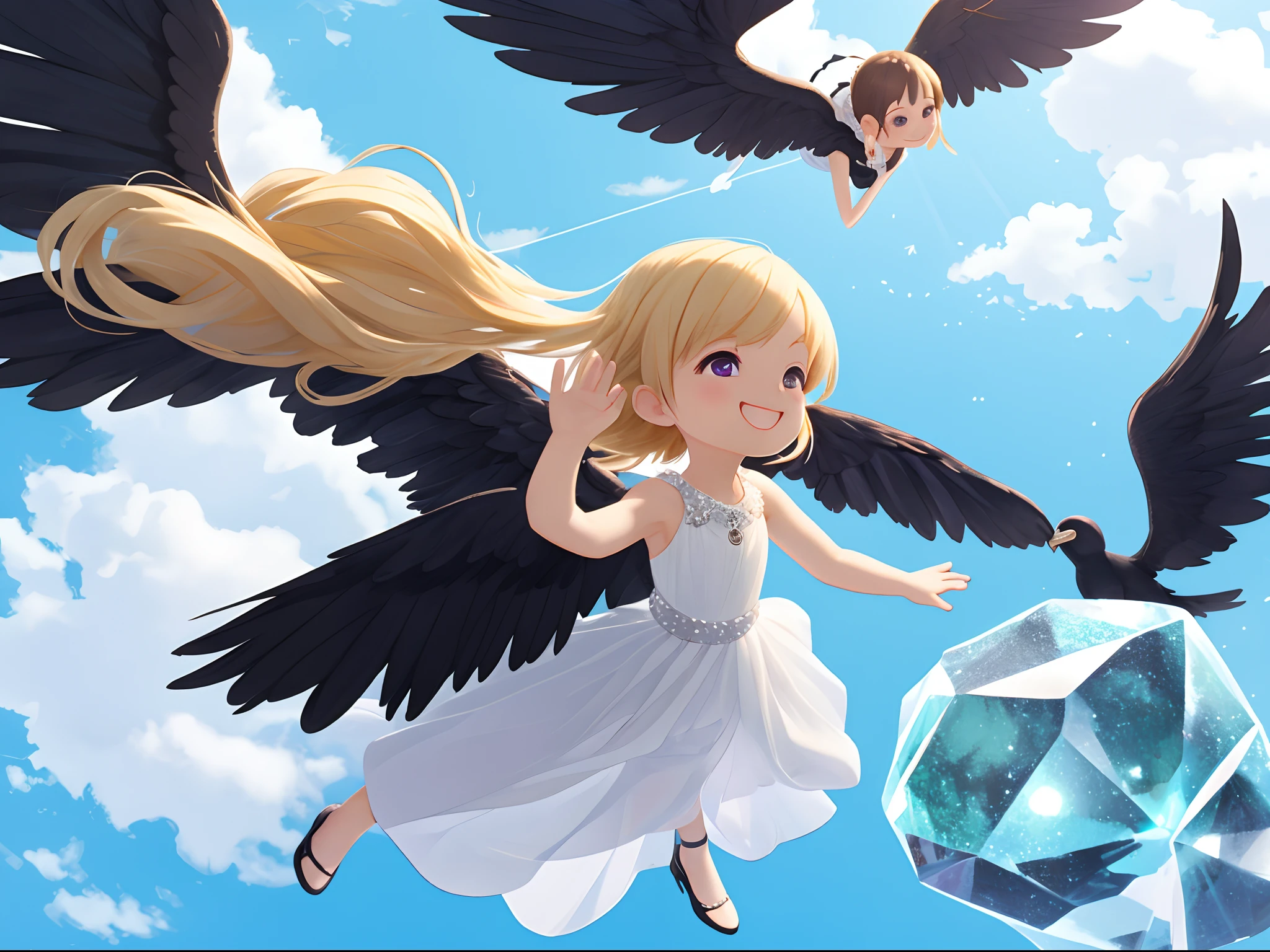 Blonde girl with black wings and black pearls in a white dress of crystal clear thin fabric,A smile、Reach out before you、Floating in the sky、 Shines