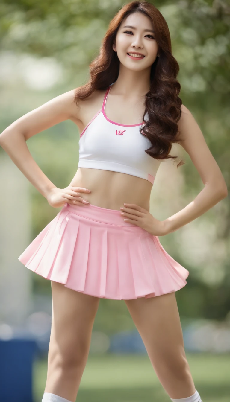 Best quality,Ultra-detailed,Realistic,Portrait,Beautiful detailed face,The long-haired,Korean female cheerleader, Korean Asian cheerleader,With a cheerleader's baton in his hand,In the garden with a pink carnation headband,White cheerleading uniform，Sleeveless low-cut sports top and white pleated skirt,Close-up portrait of a woman,AR 16:9 Movies,Realistic female cheerleader,cinematic Film still from,TV photography,Cheerleading costumes,Capture close-ups of the female cheerleader's face in a realistic way, cinematic photogtaphy