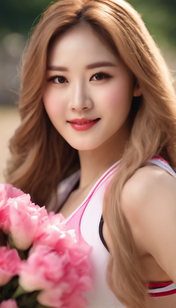 Best quality,Ultra-detailed,Realistic,Portrait,Beautiful detailed face,The long-haired,Korean female cheerleader, Korean Asian cheerleader,With a cheerleader's baton in his hand,In the garden with a pink carnation headband,White cheerleading uniform,Sleeveless low-cut sports top and white pleated skirt,Close-up portrait of a woman,AR 16:9 Movies,Realistic female cheerleader,cinematic Film still from,TV photography,Cheerleading costumes,Capture close-ups of the female cheerleader's face in a realistic way, cinematic photogtaphy